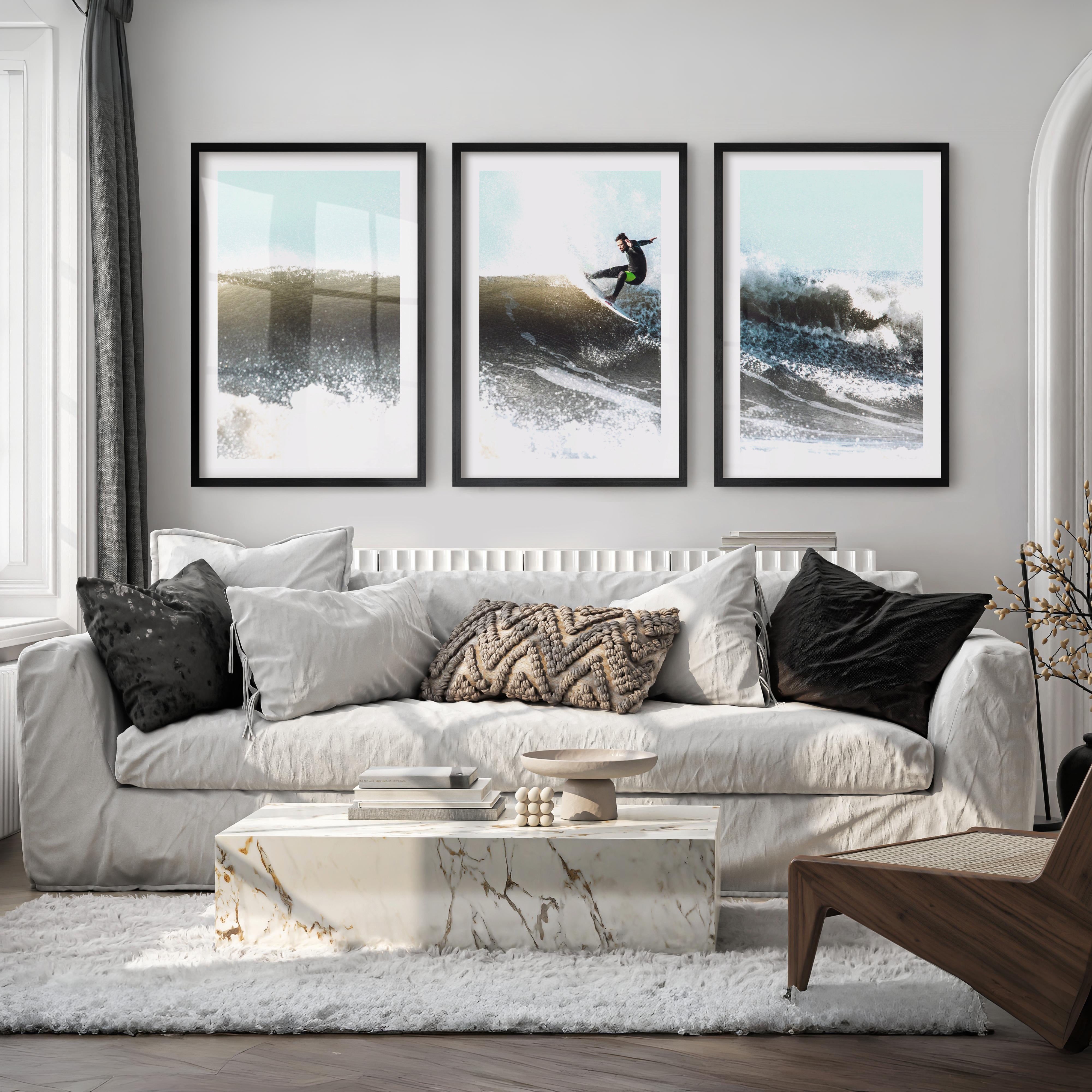 Breaking Wave Surfer Seaside Wall Art - Black Framed Poster with White Border - Artworksets