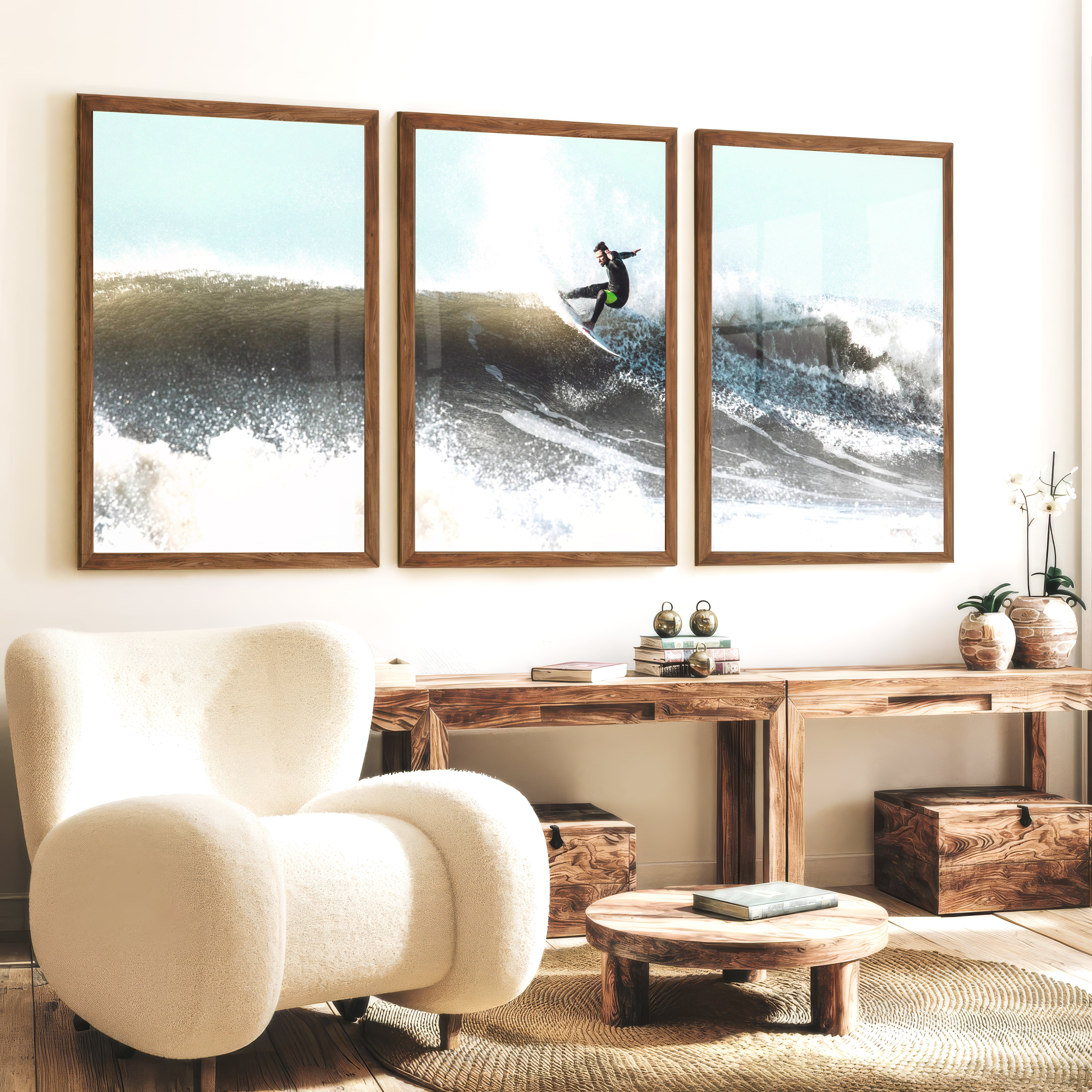 Breaking Wave Surfer Seaside Wall Art - Dark Brown Framed Poster No Border - Artworksets