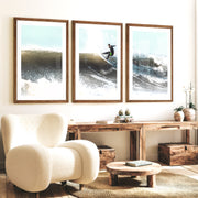 Breaking Wave Surfer Seaside Wall Art - Dark Brown Framed Poster with White Border - Artworksets