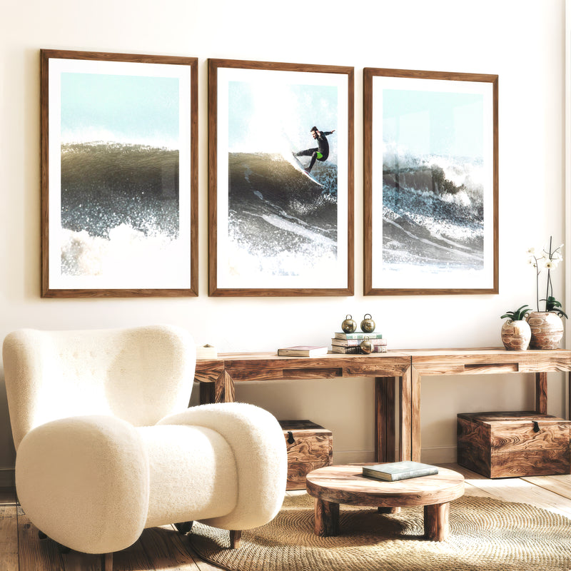 Breaking Wave Surfer Seaside Wall Art - Dark Brown Framed Poster with White Border - Artworksets