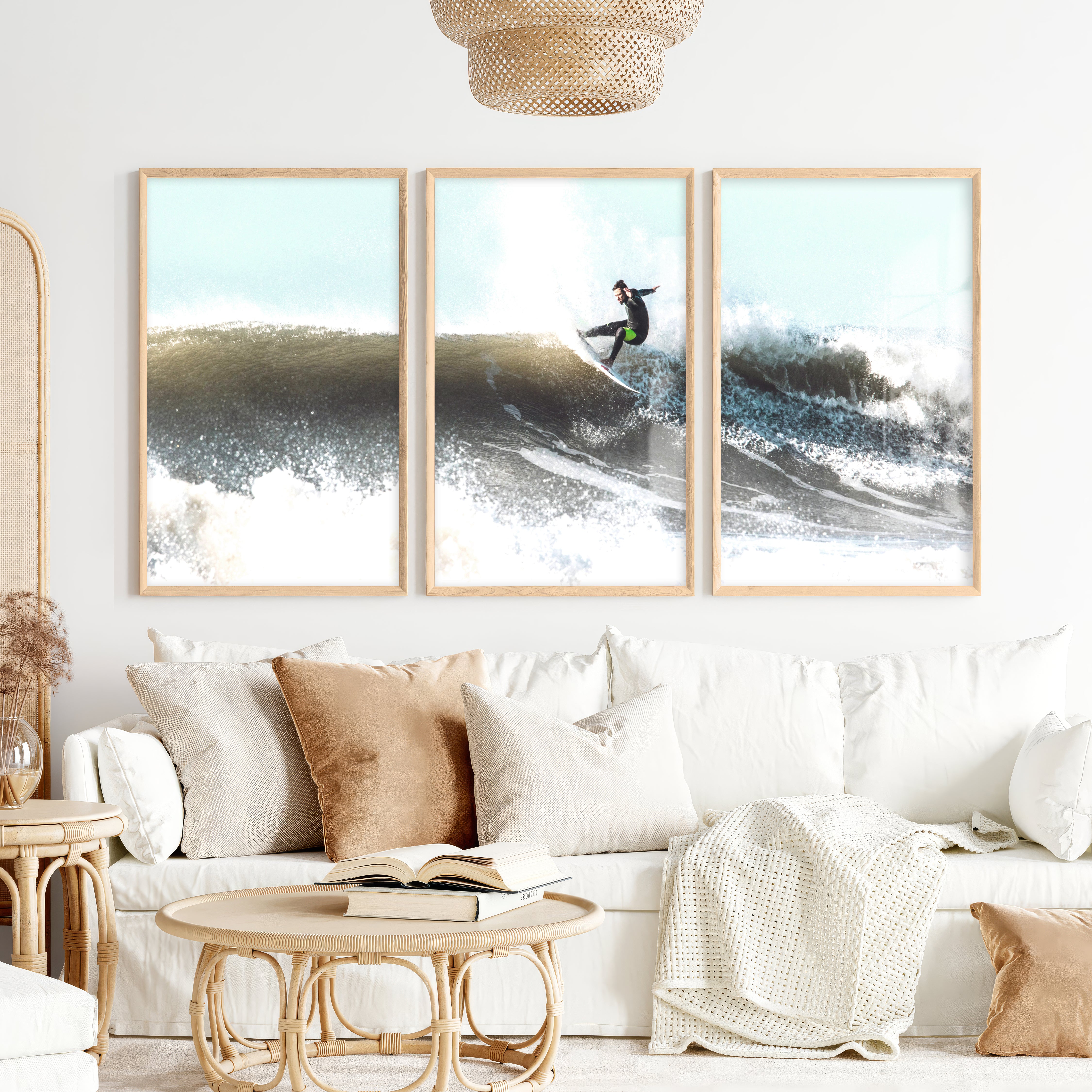 Breaking Wave Surfer Seaside Wall Art - Natural Wood Framed Poster No Border - Artworksets