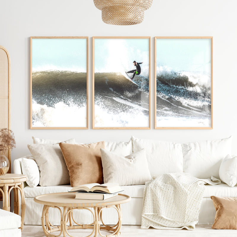 Breaking Wave Surfer Seaside Wall Art - Natural Wood Framed Poster No Border - Artworksets