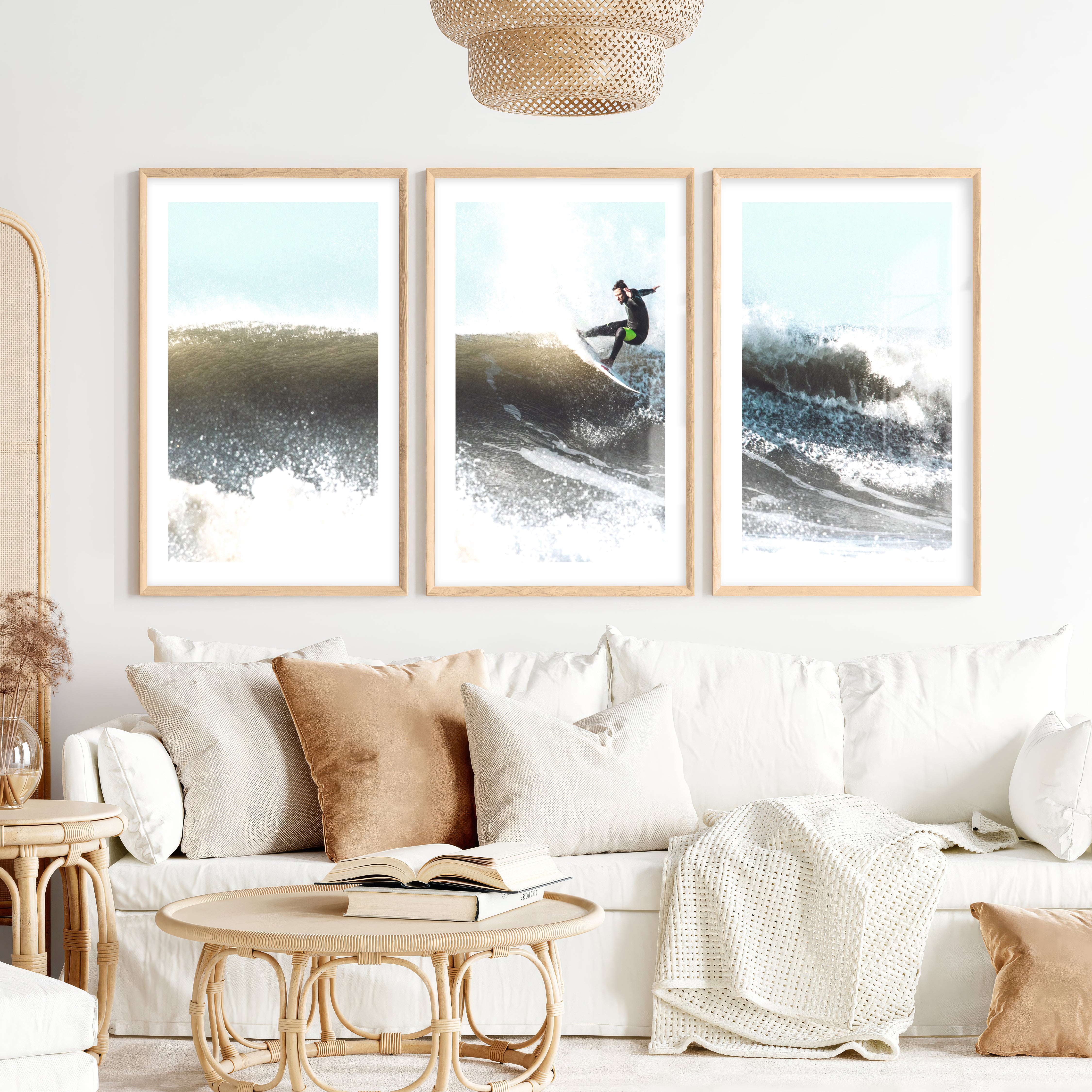 Breaking Wave Surfer Seaside Wall Art- Natural Wood Framed Poster with White Border - Artworksets