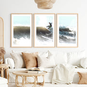 Breaking Wave Surfer Seaside Wall Art- Natural Wood Framed Poster with White Border - Artworksets