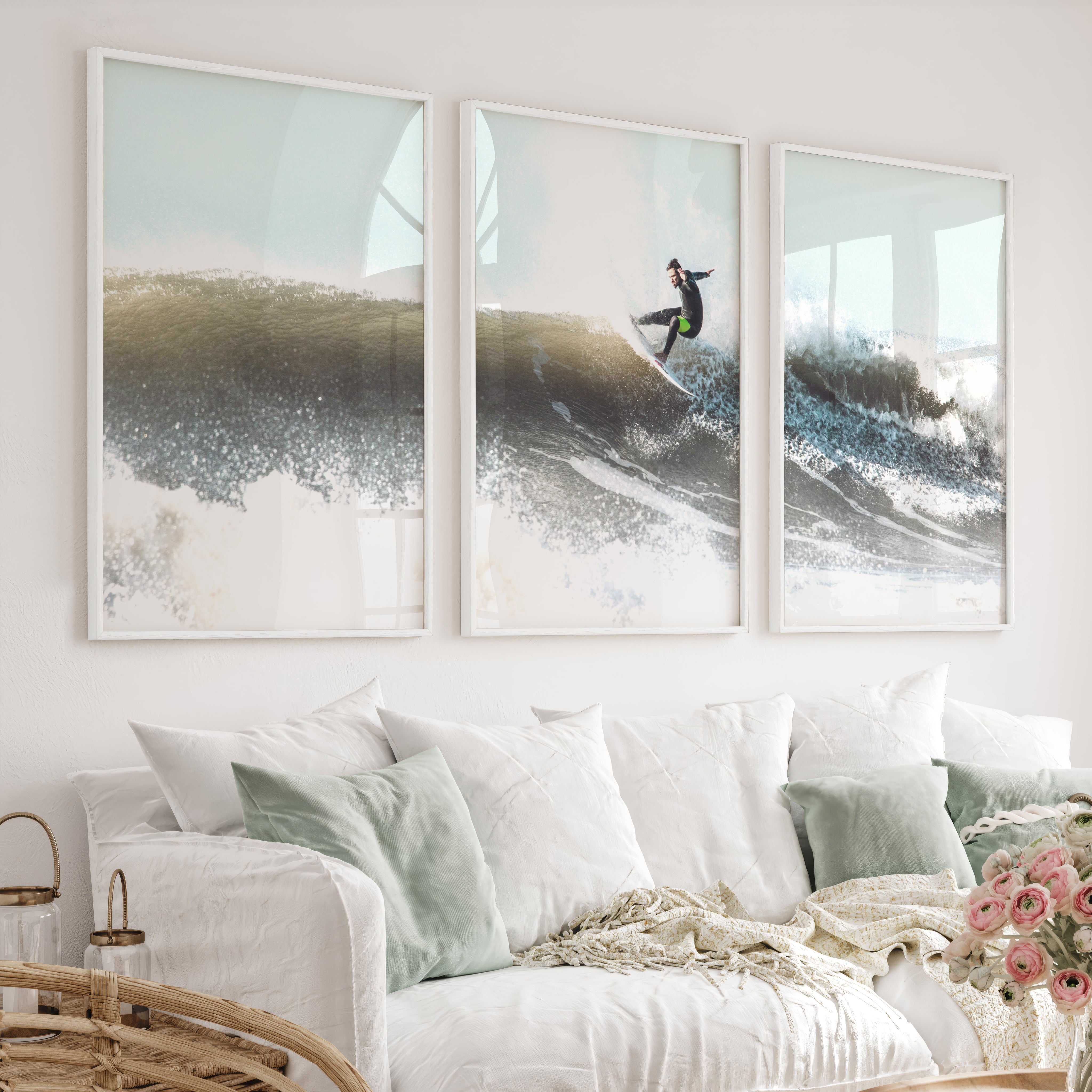 Breaking Wave Surfer Seaside Wall Art - White Framed Poster No Border - Artworksets