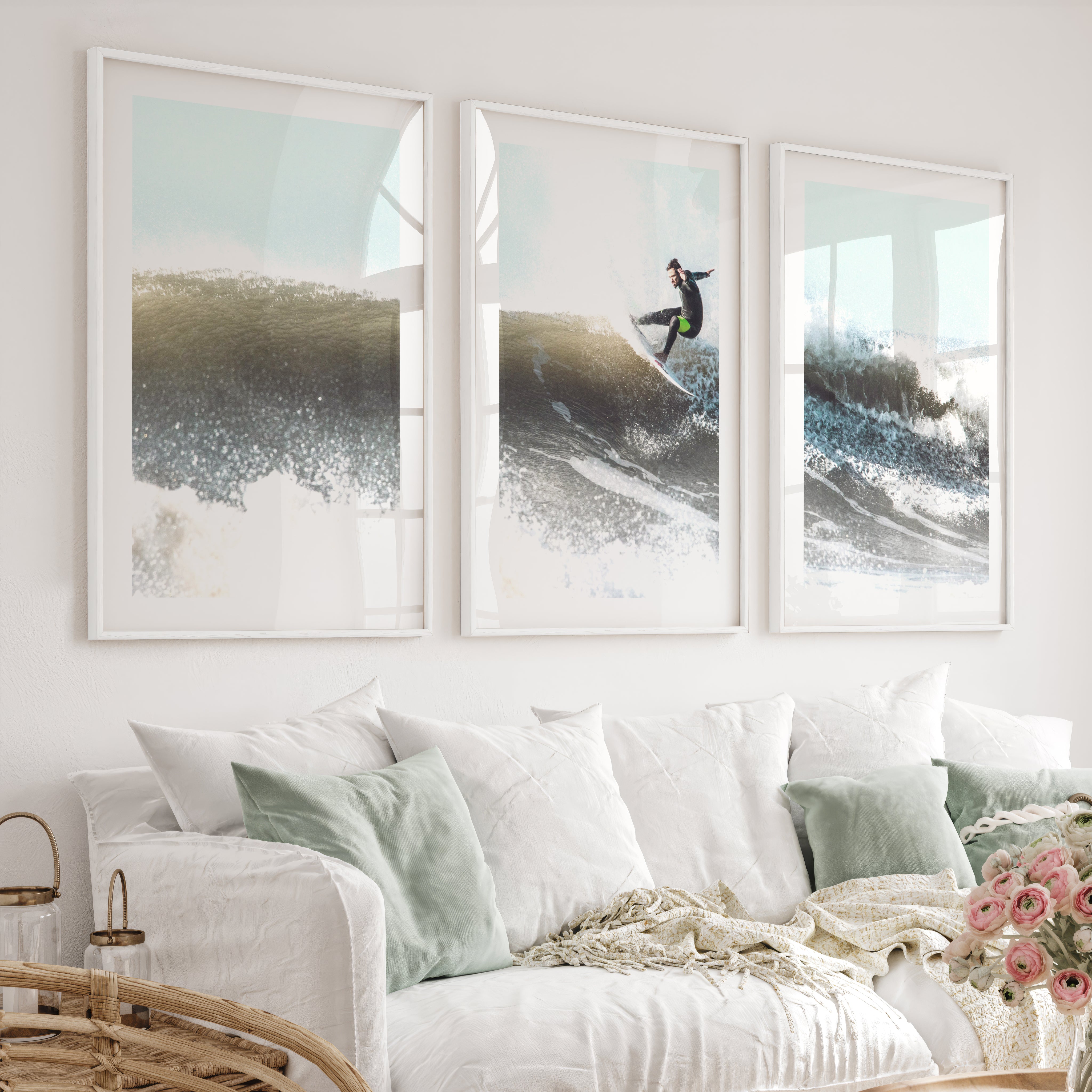 Breaking Wave Surfer Seaside Wall Art - White Framed Poster with White Border - Artworksets