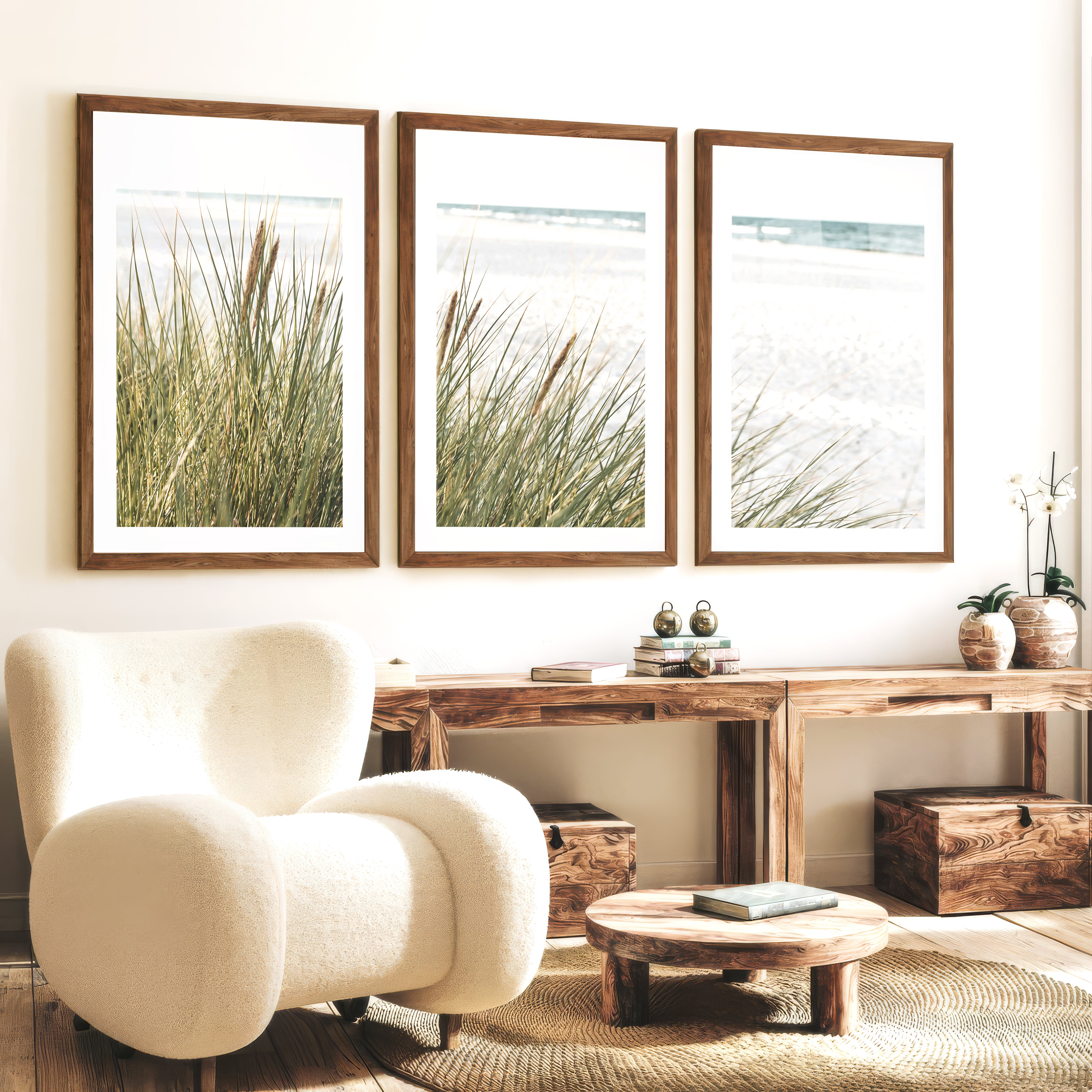 Beach Grass Seaside Wall Decor - Dark Brown Framed Poster with White Border - Artworksets