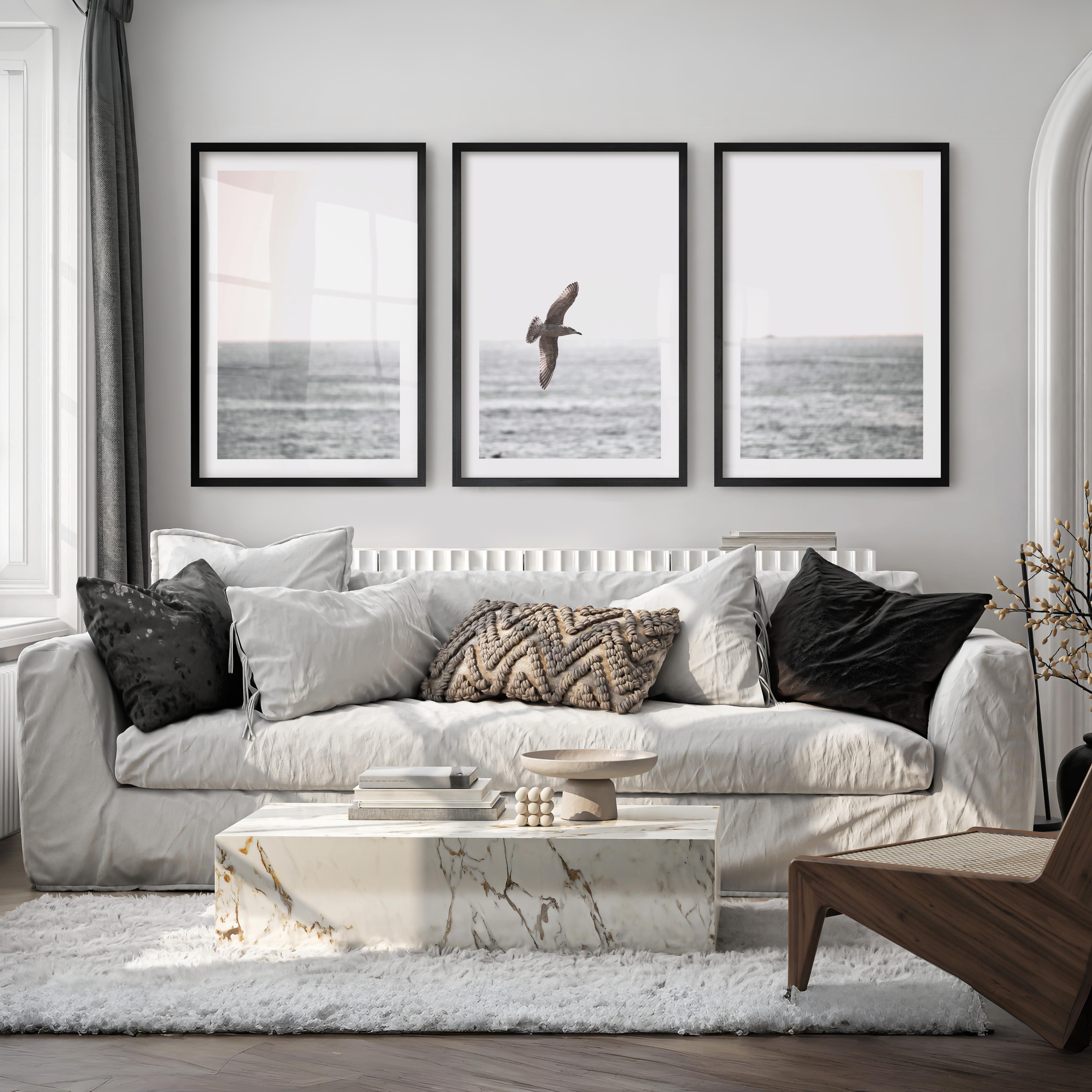 Seagull Over the Water Seaside Wall Decor - Black Framed Poster with White Border - Artworksets