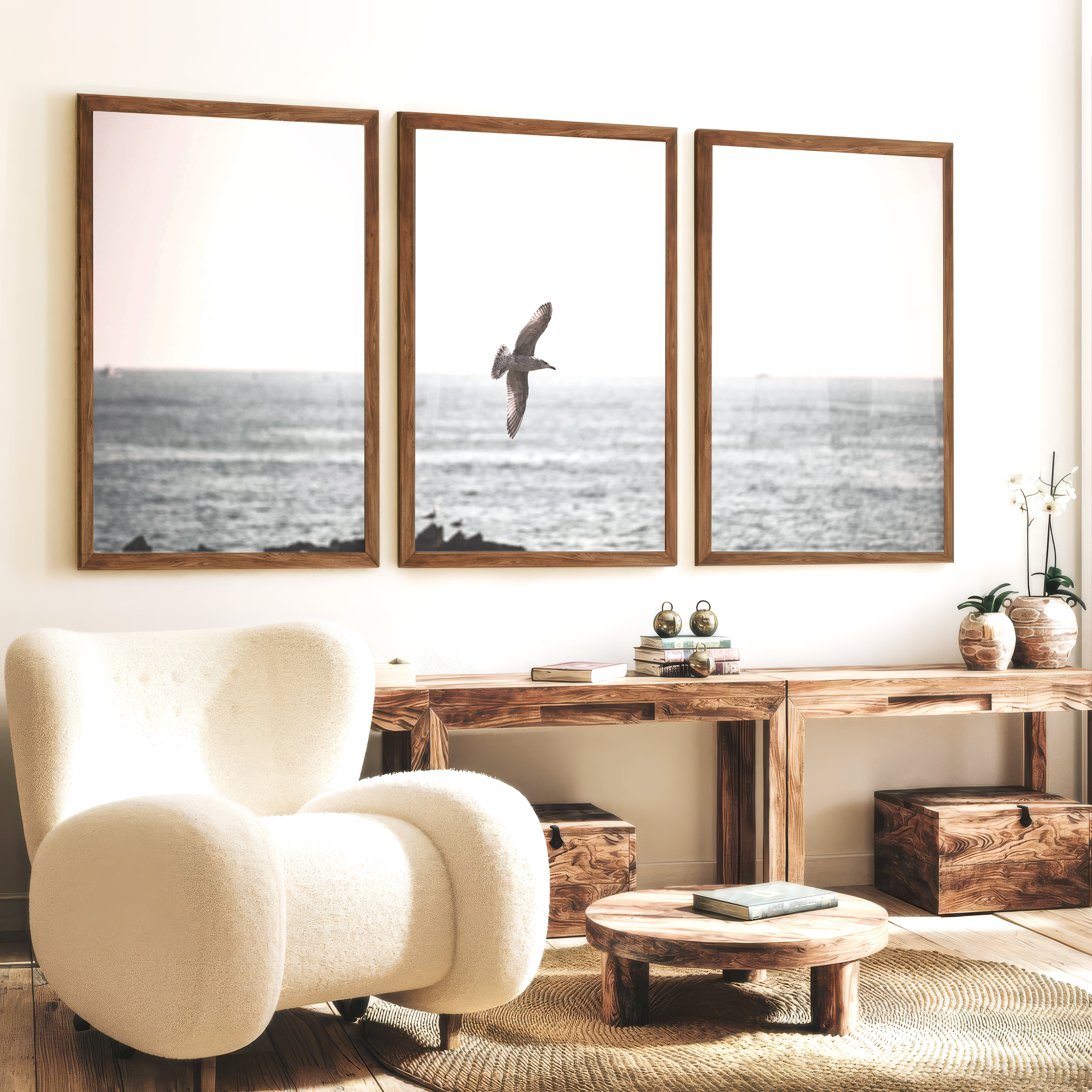 Seagull Over the Water Seaside Wall Decor - Dark Brown Framed Poster No Border - Artworksets