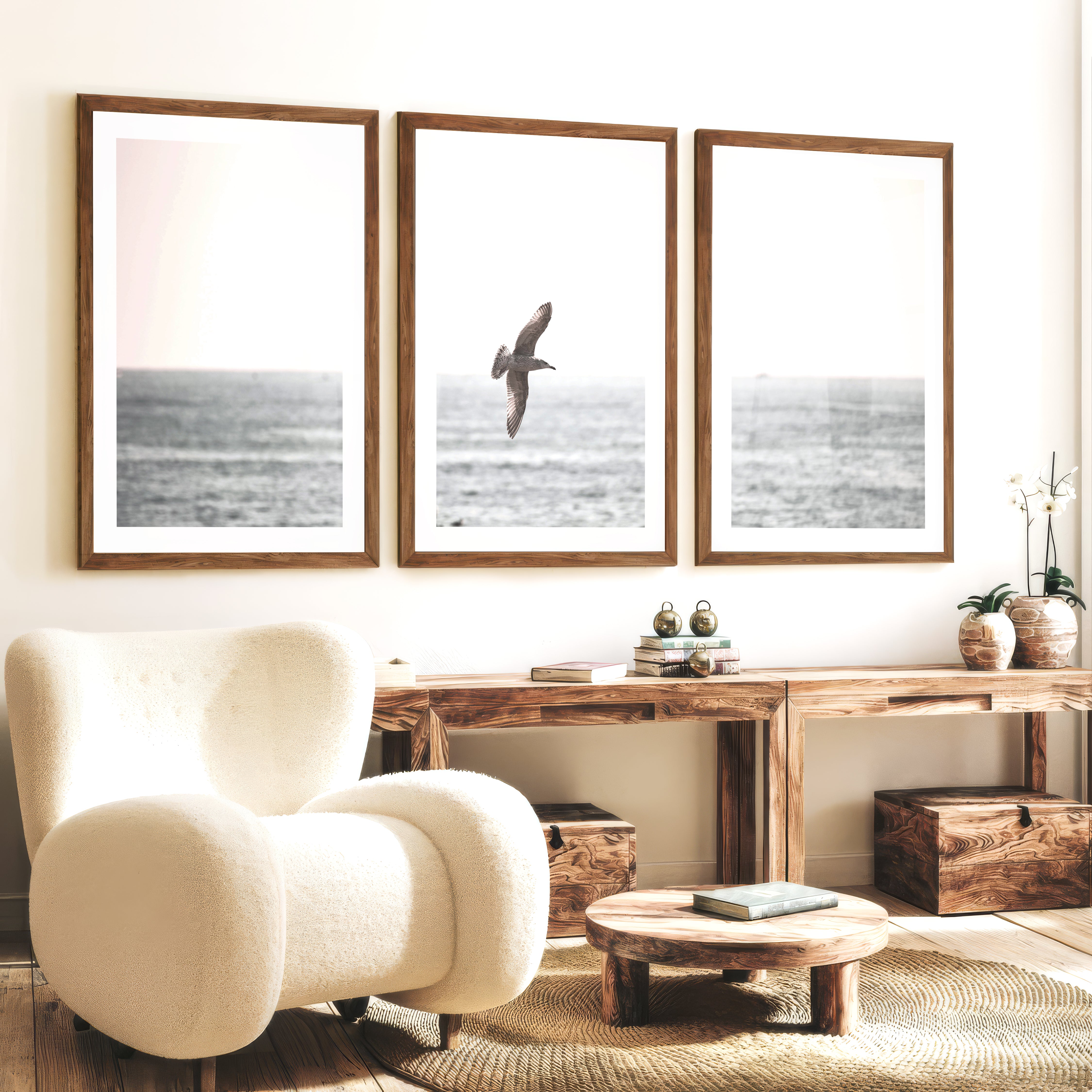 Seagull Over the Water Seaside Wall Decor - Dark Brown Framed Poster with White Border - Artworksets
