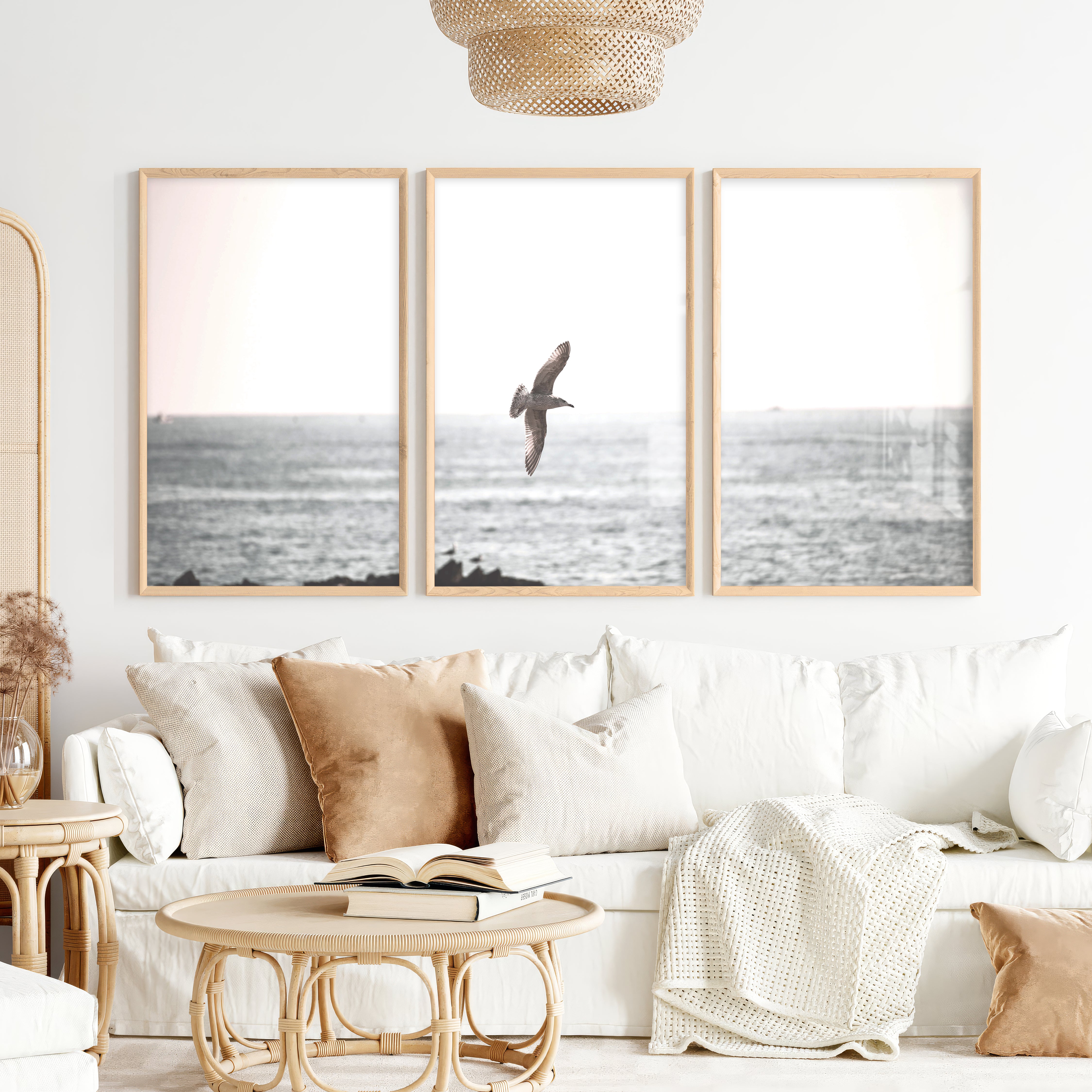 Seagull Over the Water Seaside Wall Decor - Natural Wood Framed Poster No Border - Artworksets