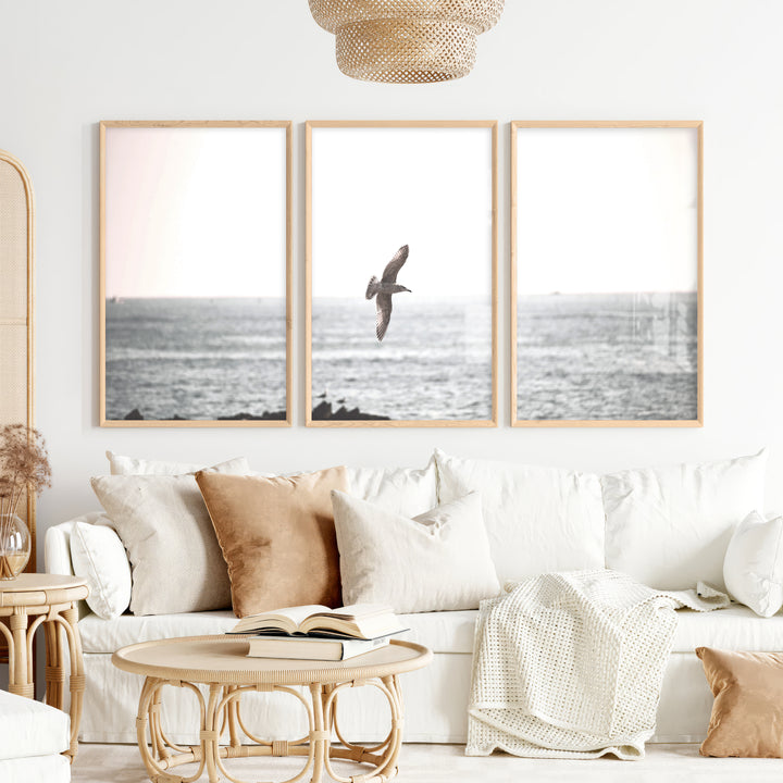 Seagull Over the Water Seaside Wall Decor - Natural Wood Framed Poster No Border - Artworksets