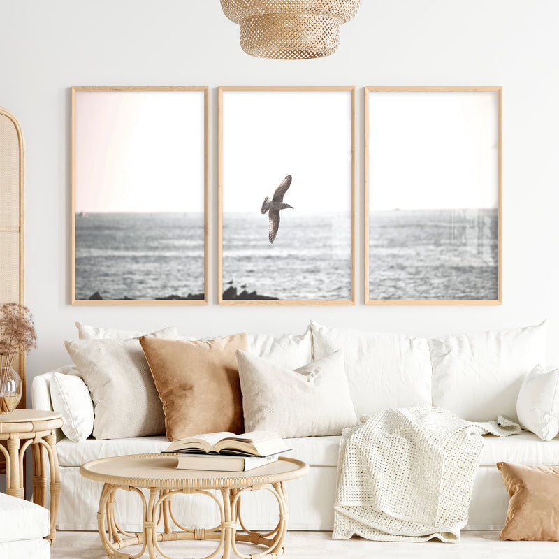 Seagull Over the Water Seaside Wall Decor - Natural Wood Framed Poster No Border - Artworksets