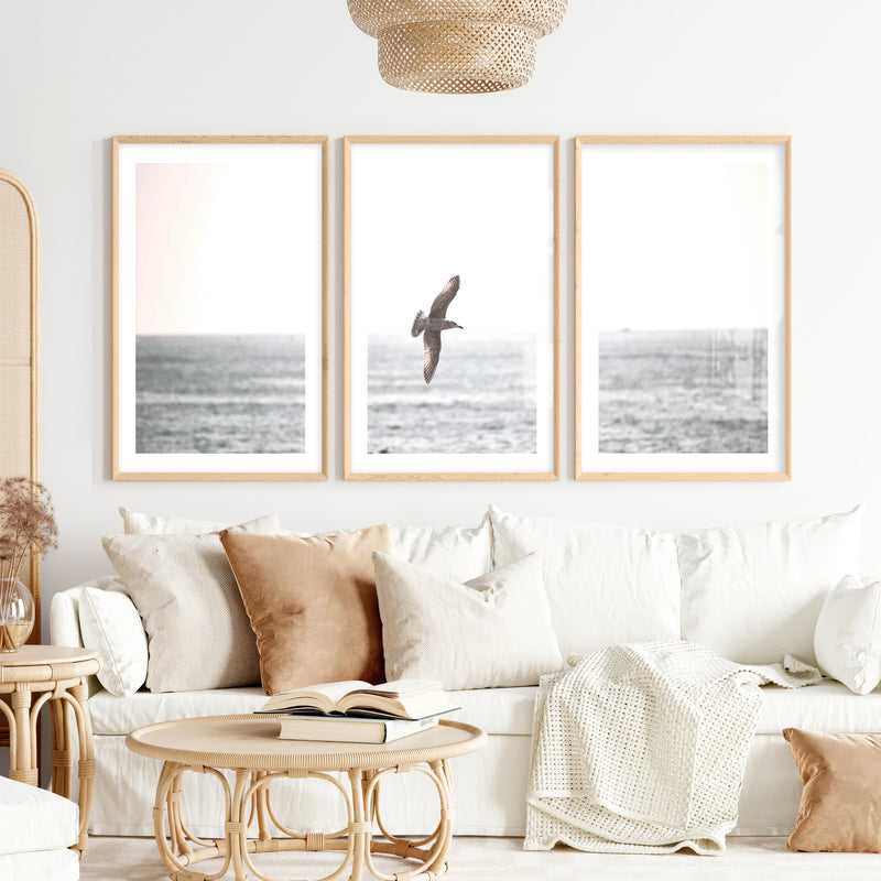 Seagull Over the Water Seaside Wall Decor- Natural Wood Framed Poster with White Border - Artworksets