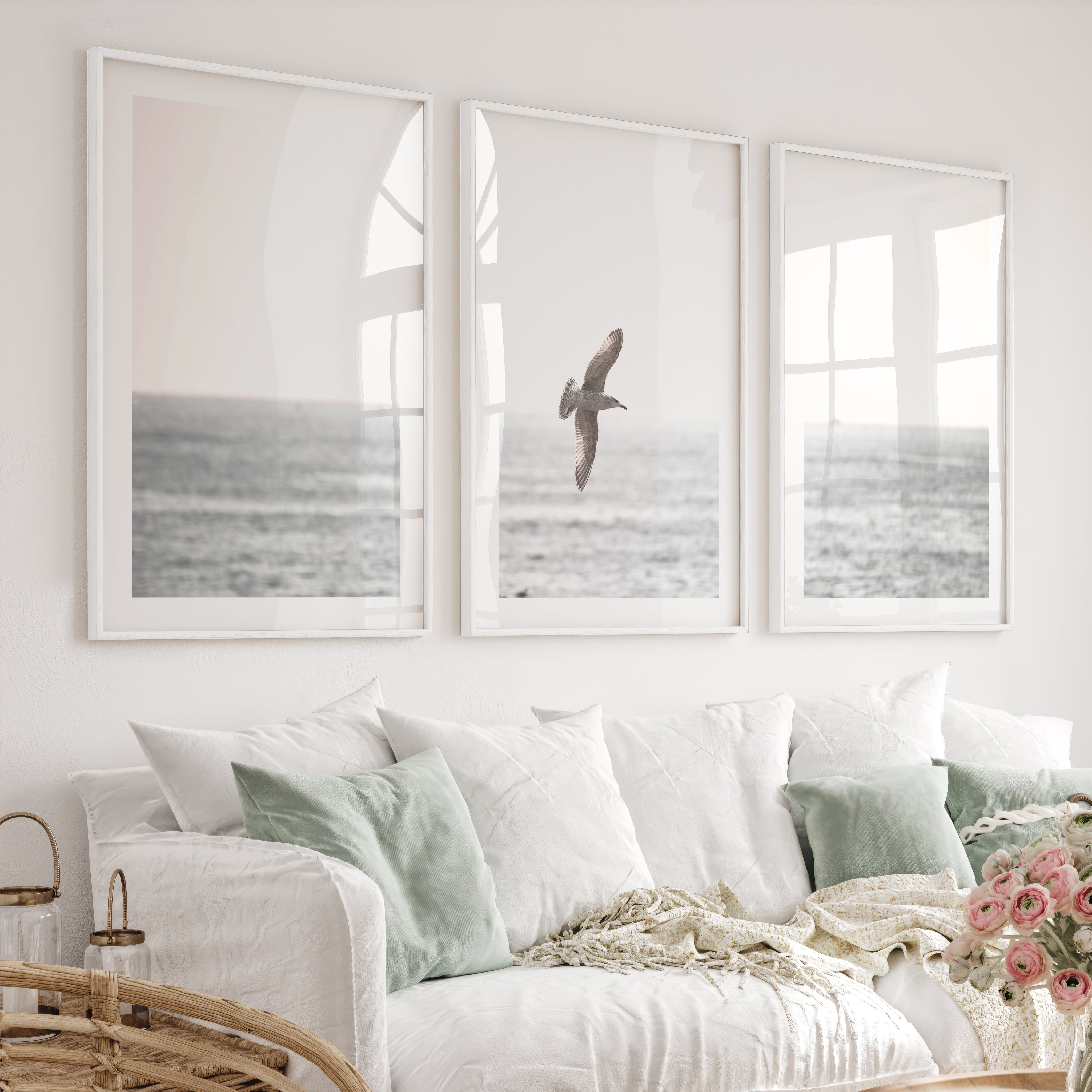 Seagull Over the Water Seaside Wall Decor - White Framed Poster with White Border - Artworksets