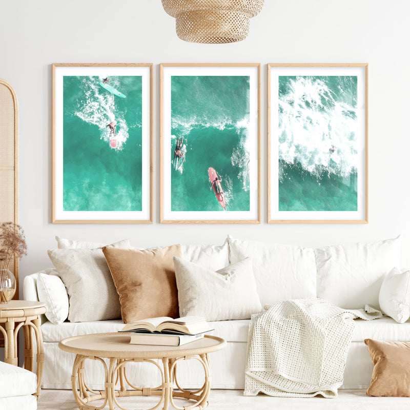 Aerial Surf Break seaside wall decor- Natural Wood Framed Poster with White Border - Artworksets