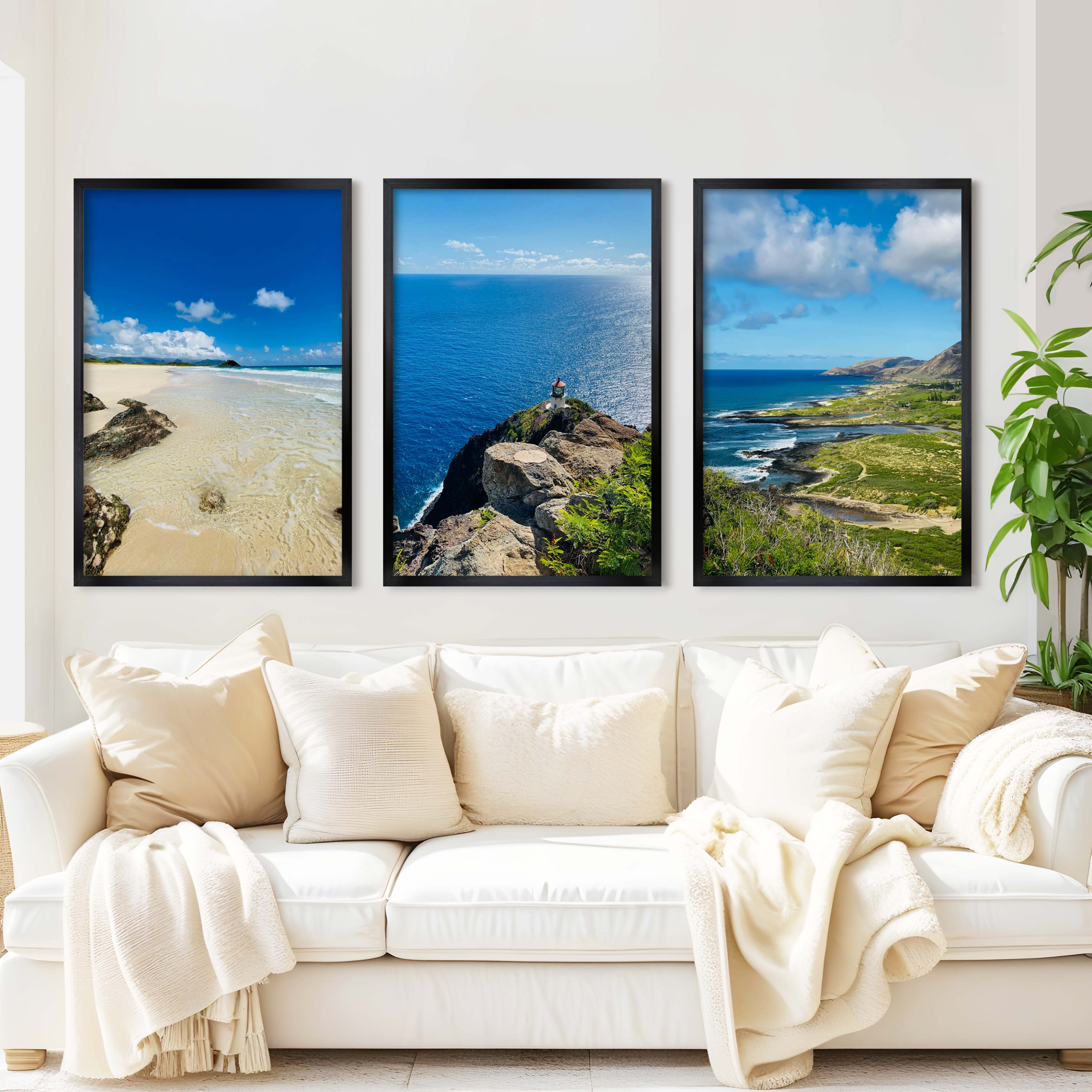 Hawaiian Coast – Tropical Set of 3 Beach Art Prints - Black Framed Poster No Border - Artworksets