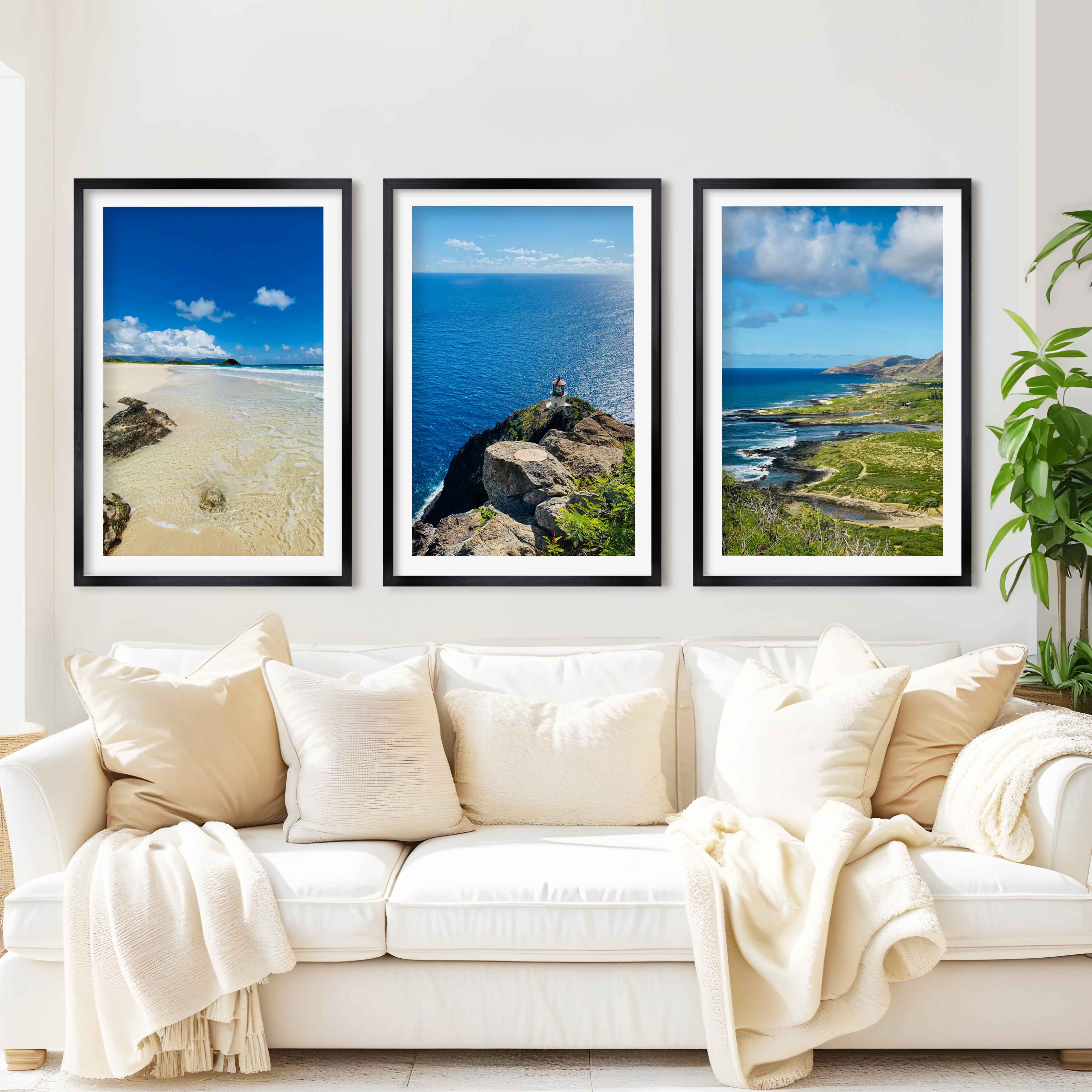 Hawaiian Coast – Tropical Set of 3 Beach Art Prints - Black Framed Poster with White Border - Artworksets