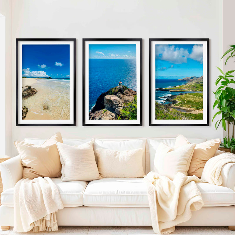 Hawaiian Coast – Tropical Set of 3 Beach Art Prints - Black Framed Poster with White Border - Artworksets