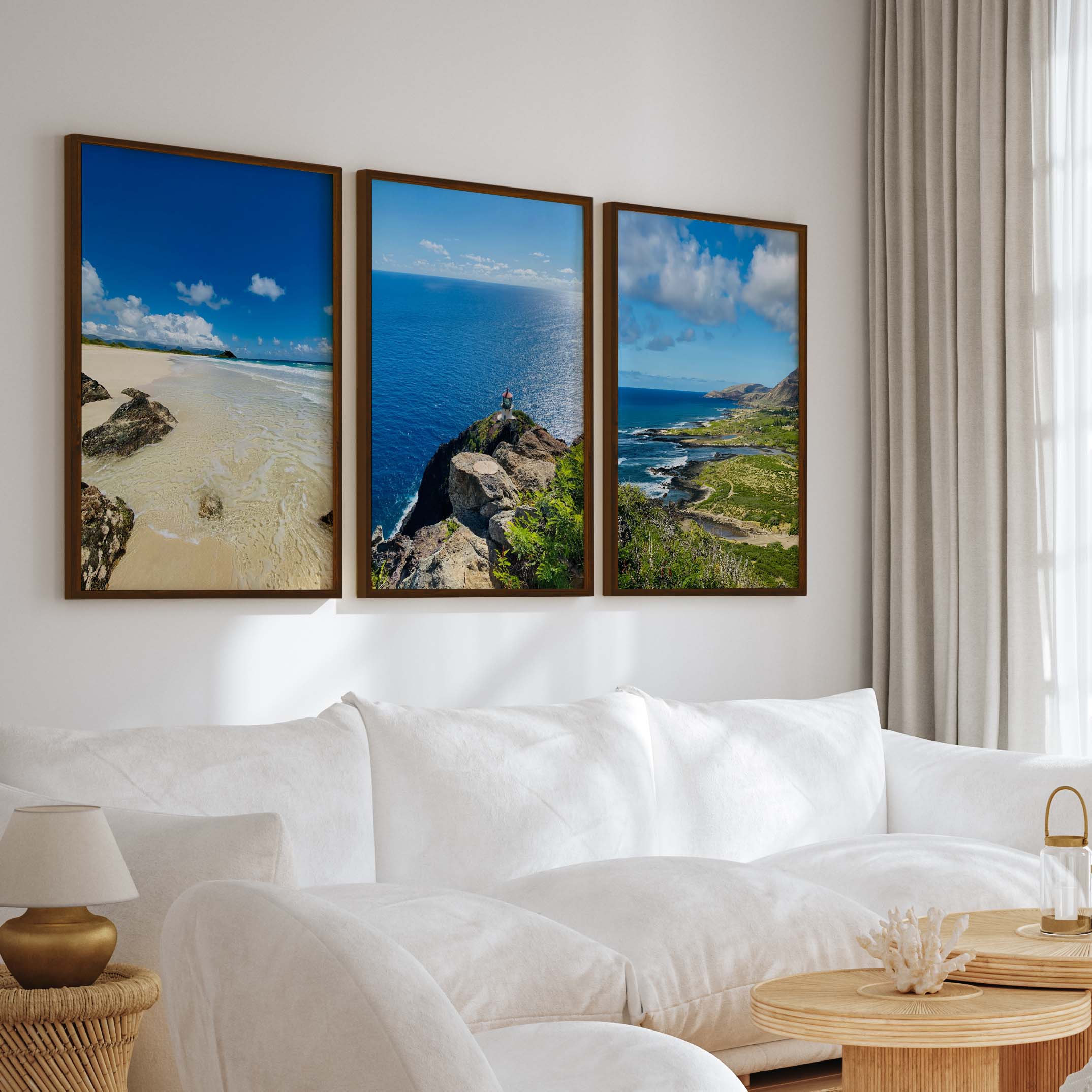 Hawaiian Coast – Tropical Set of 3 Beach Art Prints - Dark Brown Framed Poster No Border - Artworksets
