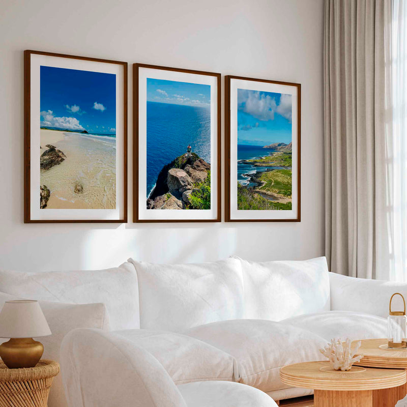 Hawaiian Coast – Tropical Set of 3 Beach Art Prints - Dark Brown Framed Poster with White Border - Artworksets
