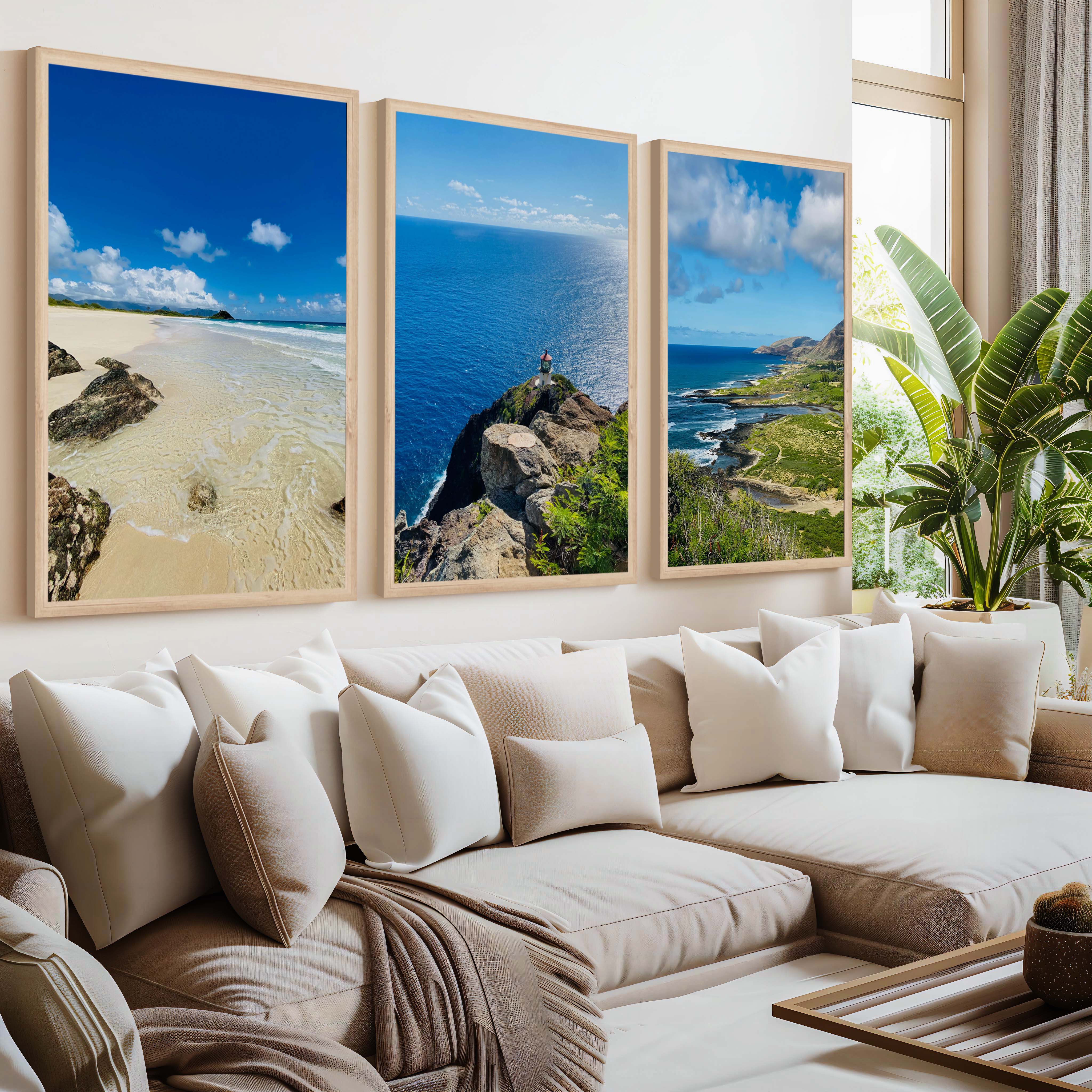 Hawaiian Coast – Tropical Set of 3 Beach Art Prints - Natural Wood Framed Poster No Border - Artworksets