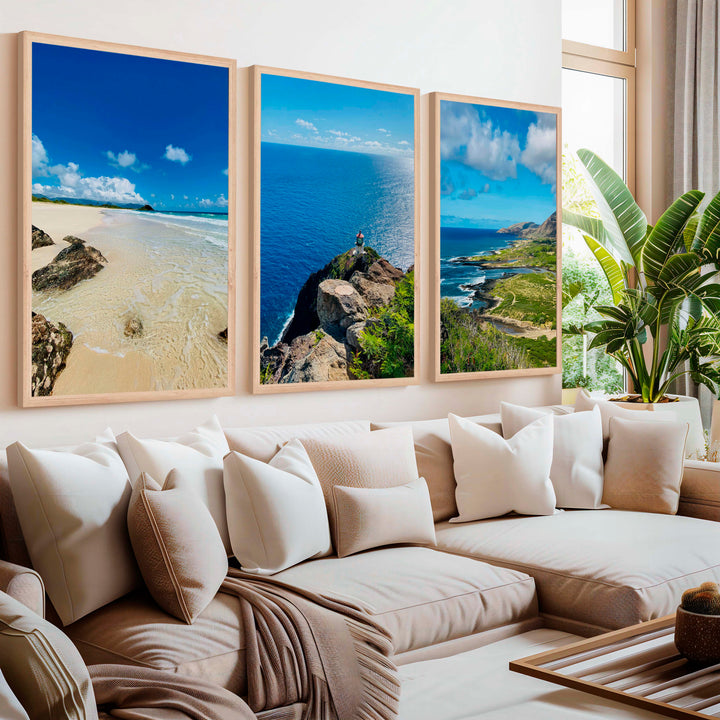 Hawaiian Coast – Tropical Set of 3 Beach Art Prints - Natural Wood Framed Poster No Border - Artworksets