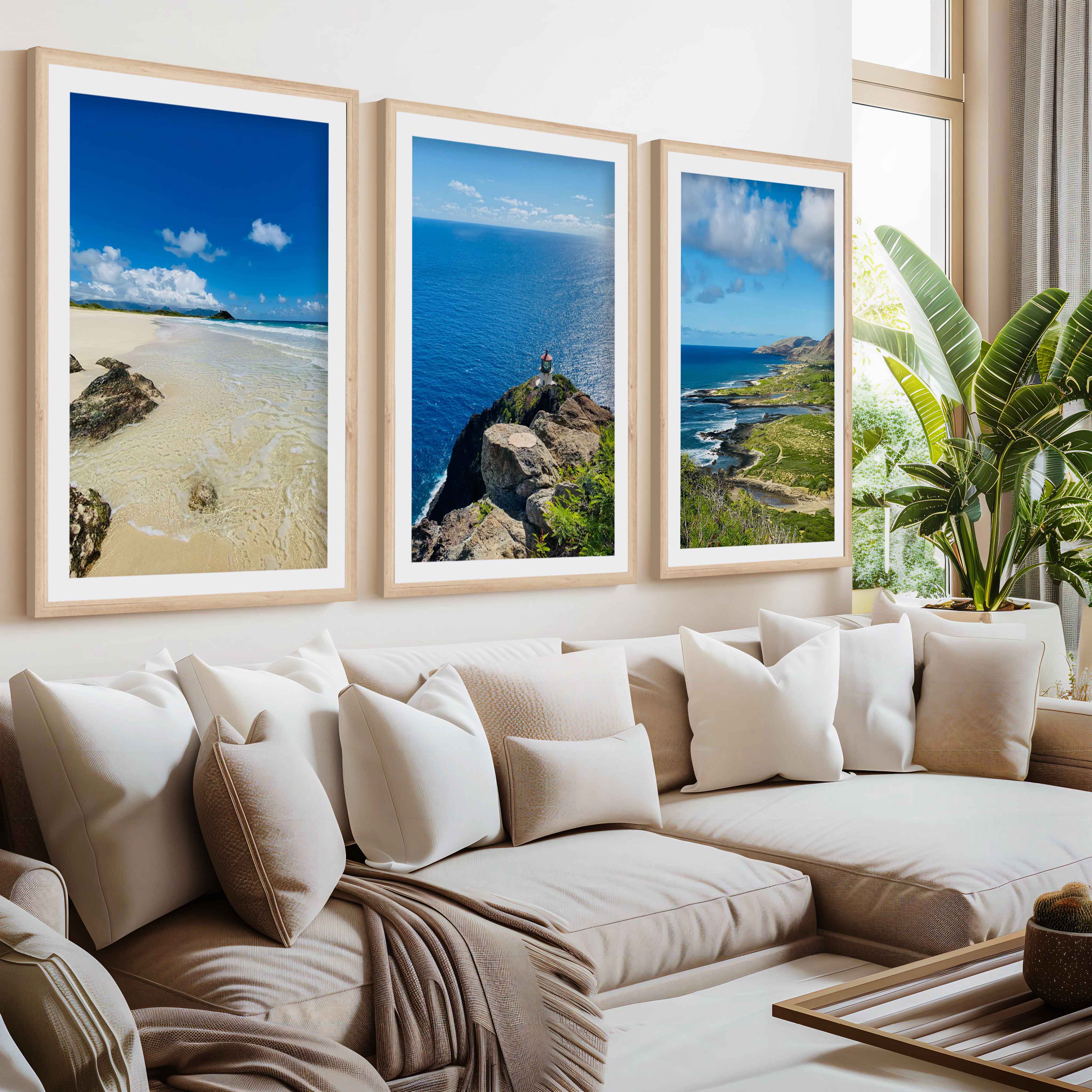 Hawaiian Coast – Tropical Set of 3 Beach Art Prints- Natural Wood Framed Poster with White Border - Artworksets