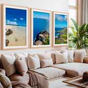 Hawaiian Coast – Tropical Set of 3 Beach Art Prints- Natural Wood Framed Poster with White Border - Artworksets