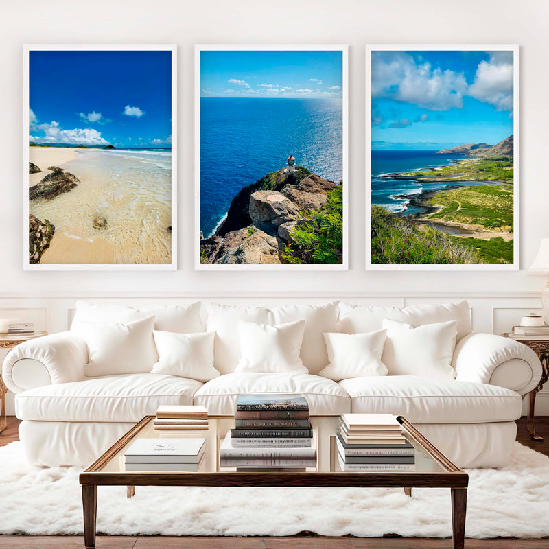 Hawaiian Coast – Tropical Set of 3 Beach Art Prints - White Framed Poster No Border - Artworksets