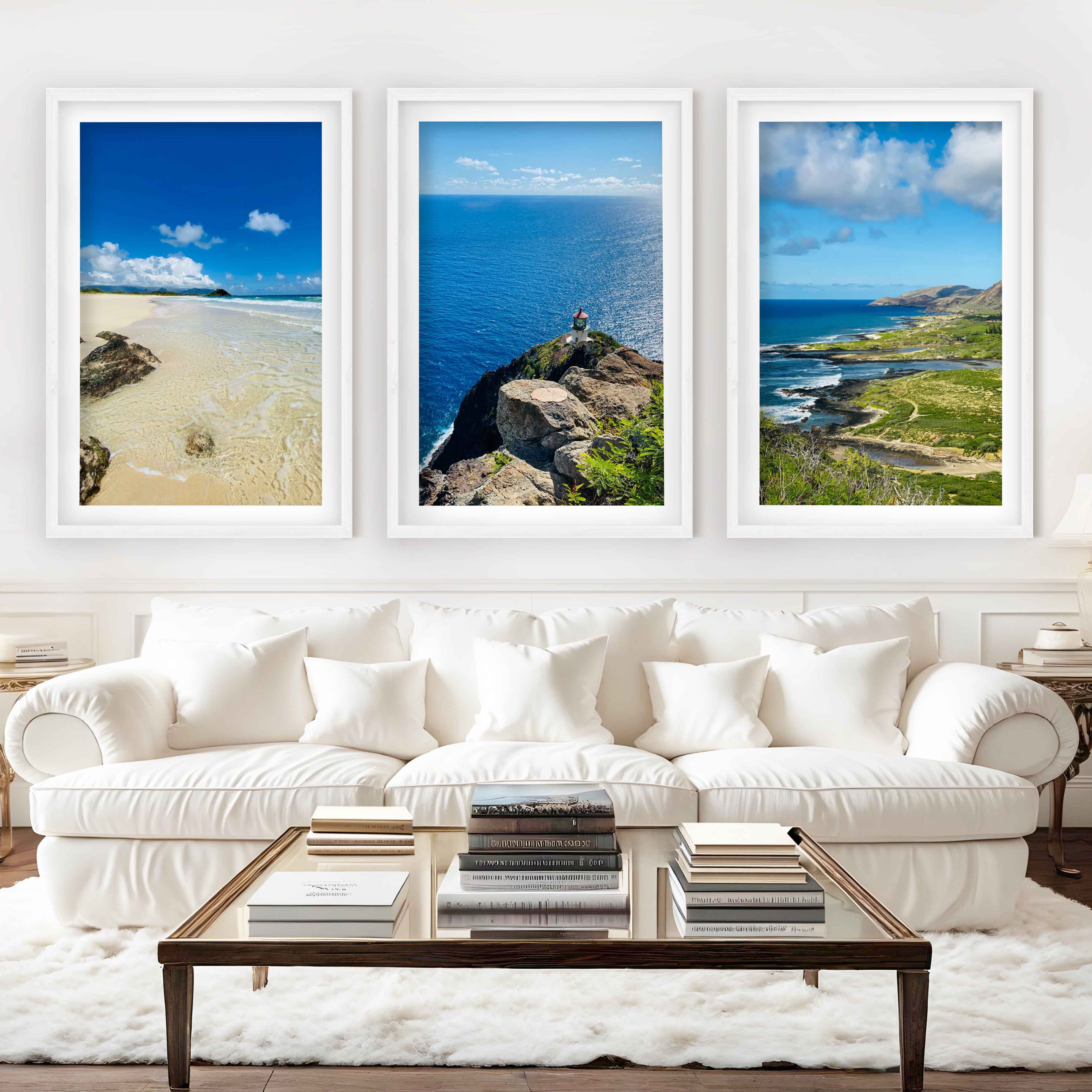Hawaiian Coast – Tropical Set of 3 Beach Art Prints - White Framed Poster with White Border - Artworksets