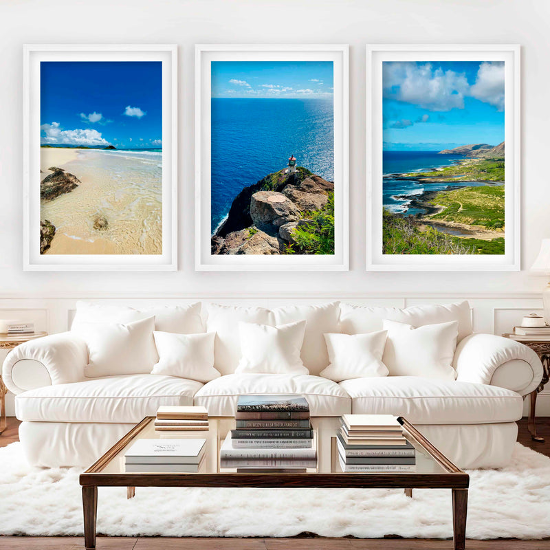 Hawaiian Coast – Tropical Set of 3 Beach Art Prints - White Framed Poster with White Border - Artworksets