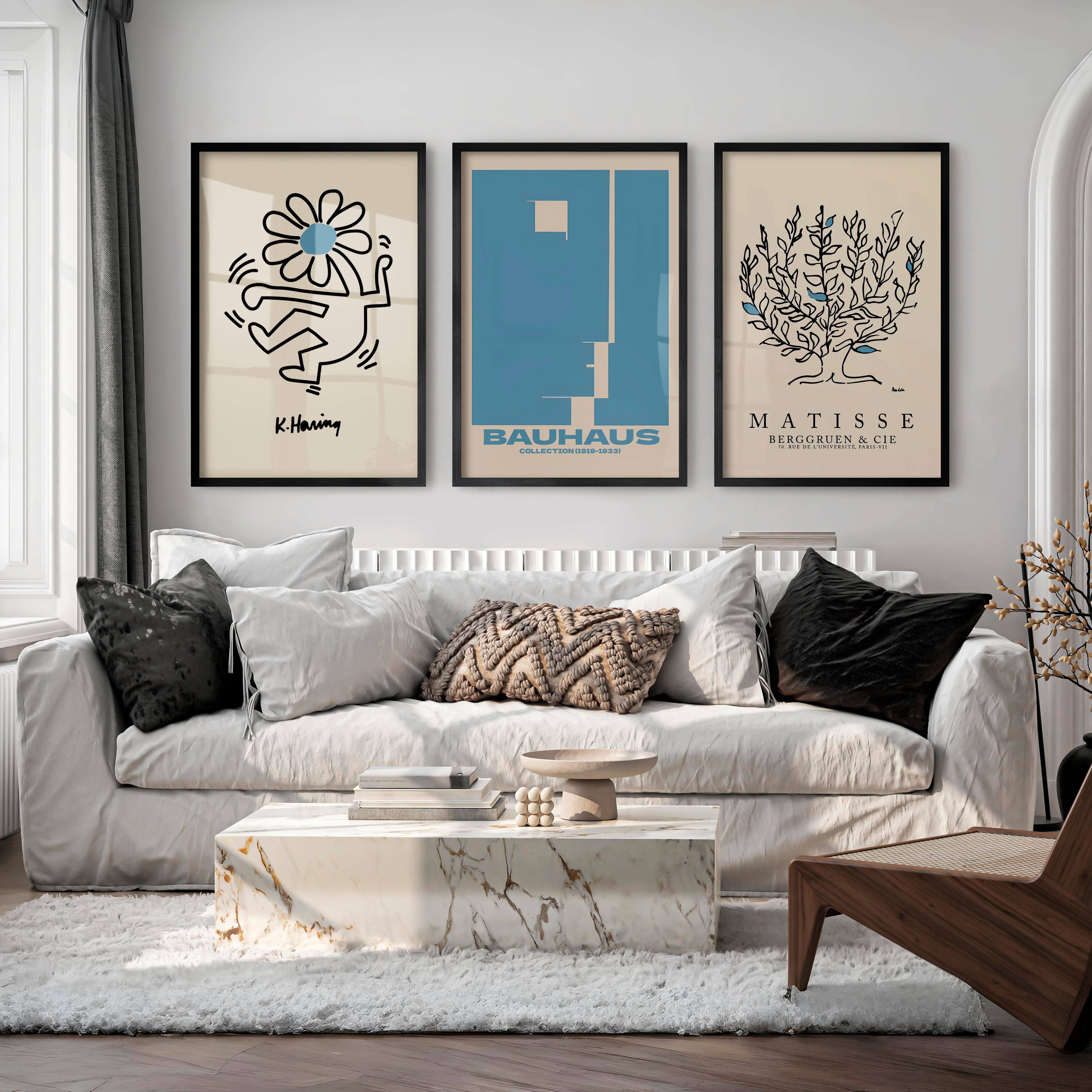 Set of 3 Bauhaus & Matisse Prints Dancing Flower Abstract - Black Framed Poster No Border - Artworksets
