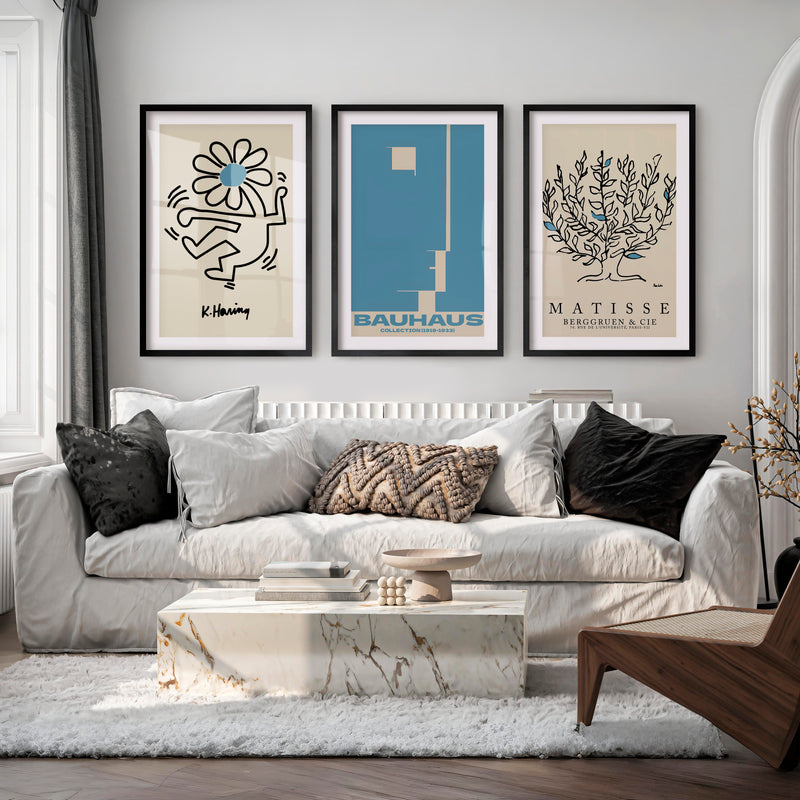Set of 3 Bauhaus & Matisse Prints Dancing Flower Abstract - Black Framed Poster with White Border - Artworksets