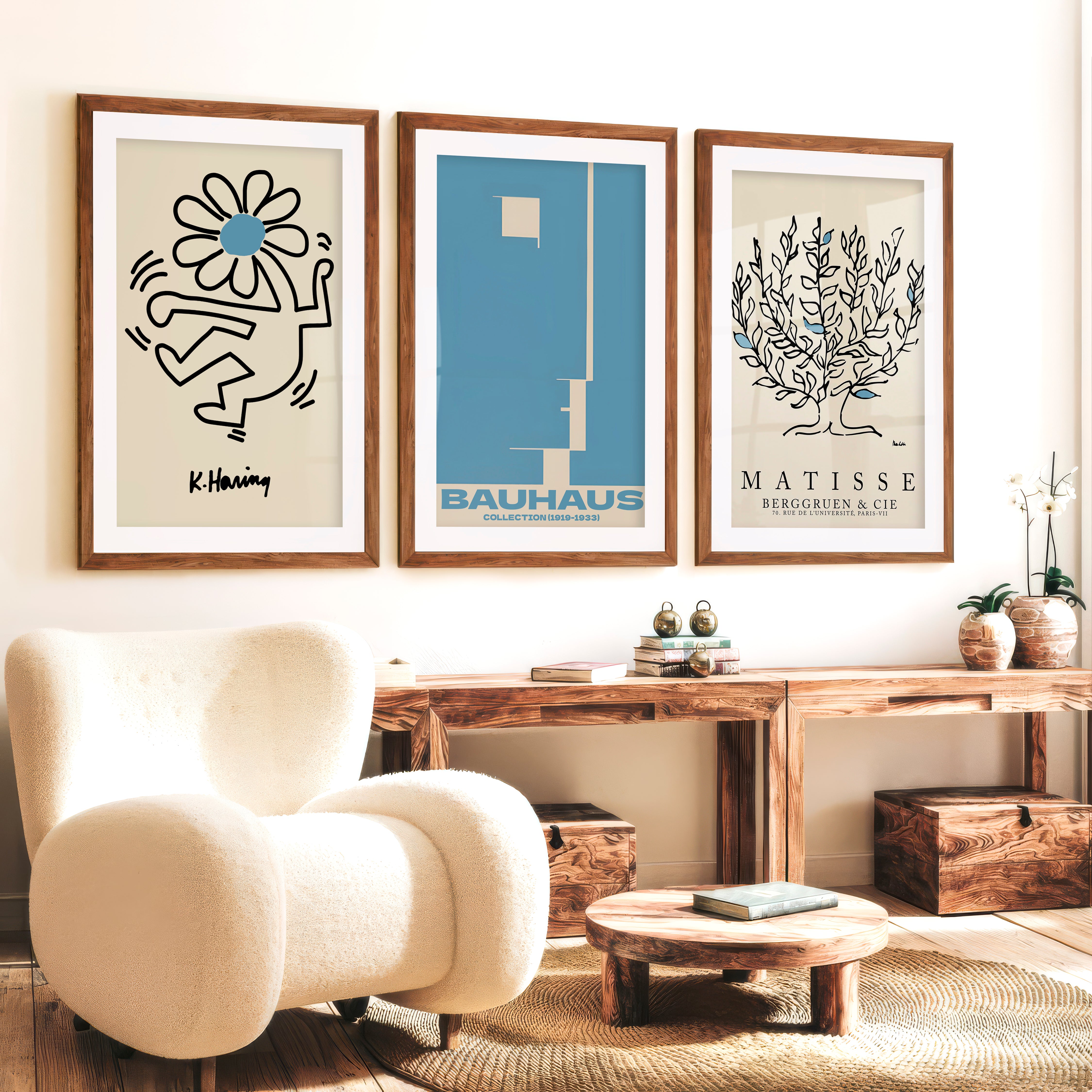 Set of 3 Bauhaus & Matisse Prints Dancing Flower Abstract - Dark Brown Framed Poster with White Border - Artworksets