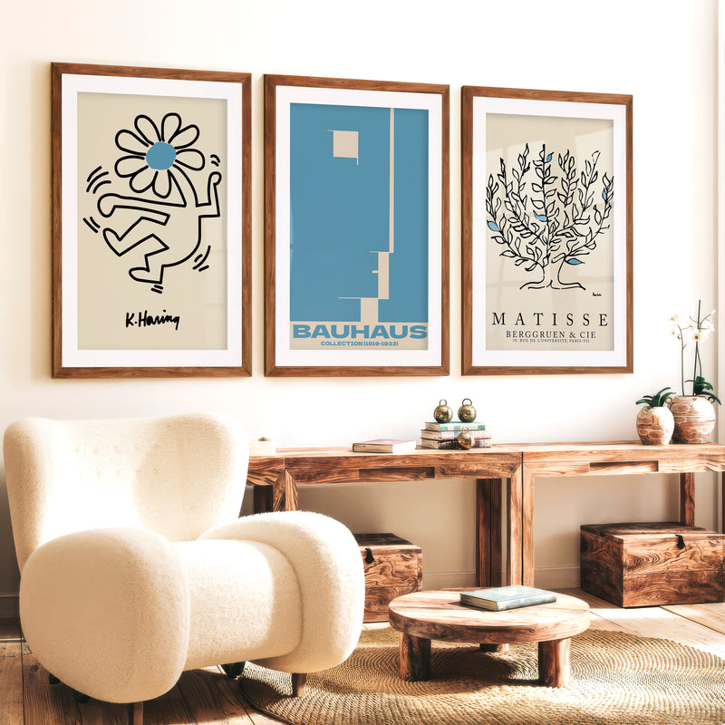 Set of 3 Bauhaus & Matisse Prints Dancing Flower Abstract - Dark Brown Framed Poster with White Border - Artworksets