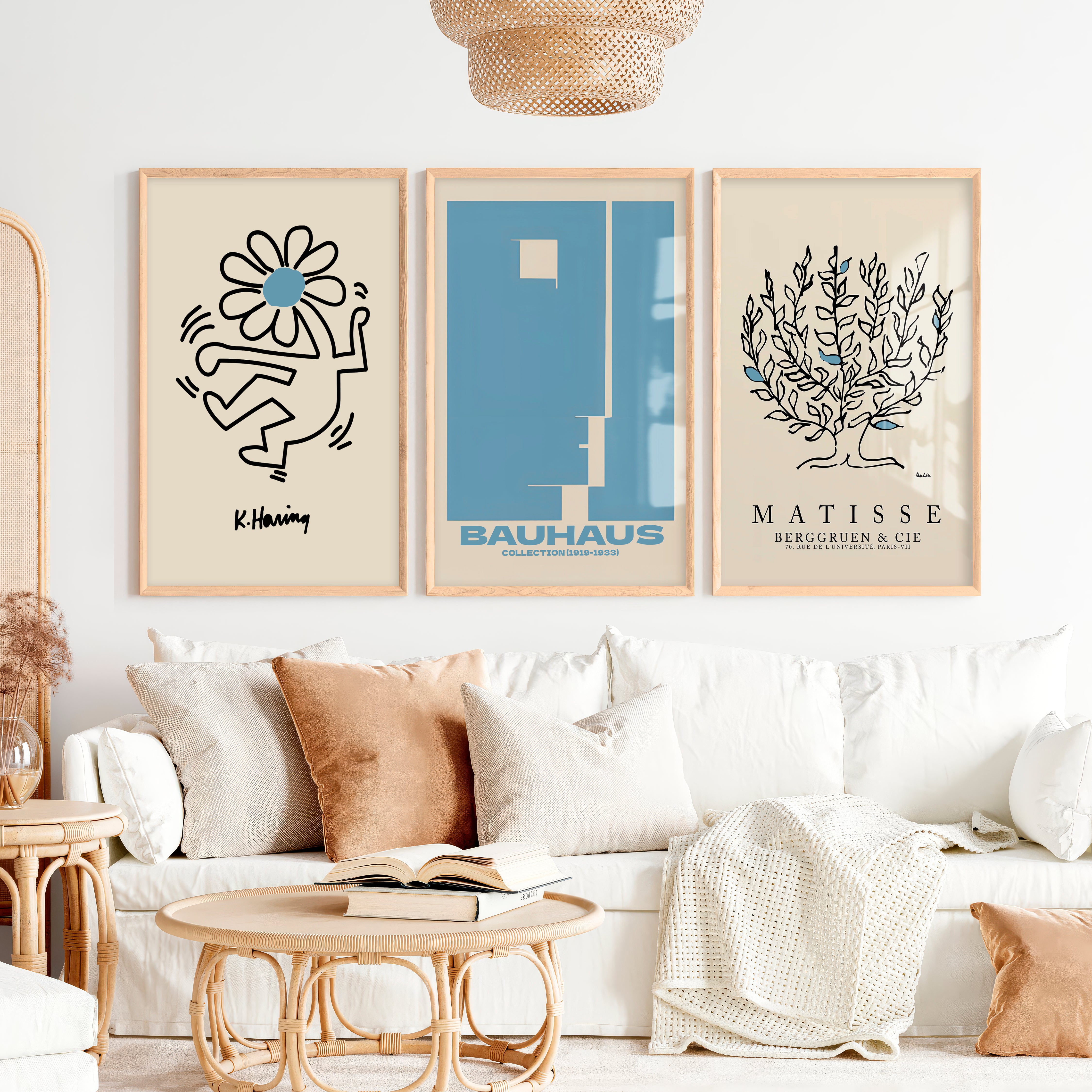 Set of 3 Bauhaus & Matisse Prints Dancing Flower Abstract - Natural Wood Framed Poster No Border - Artworksets