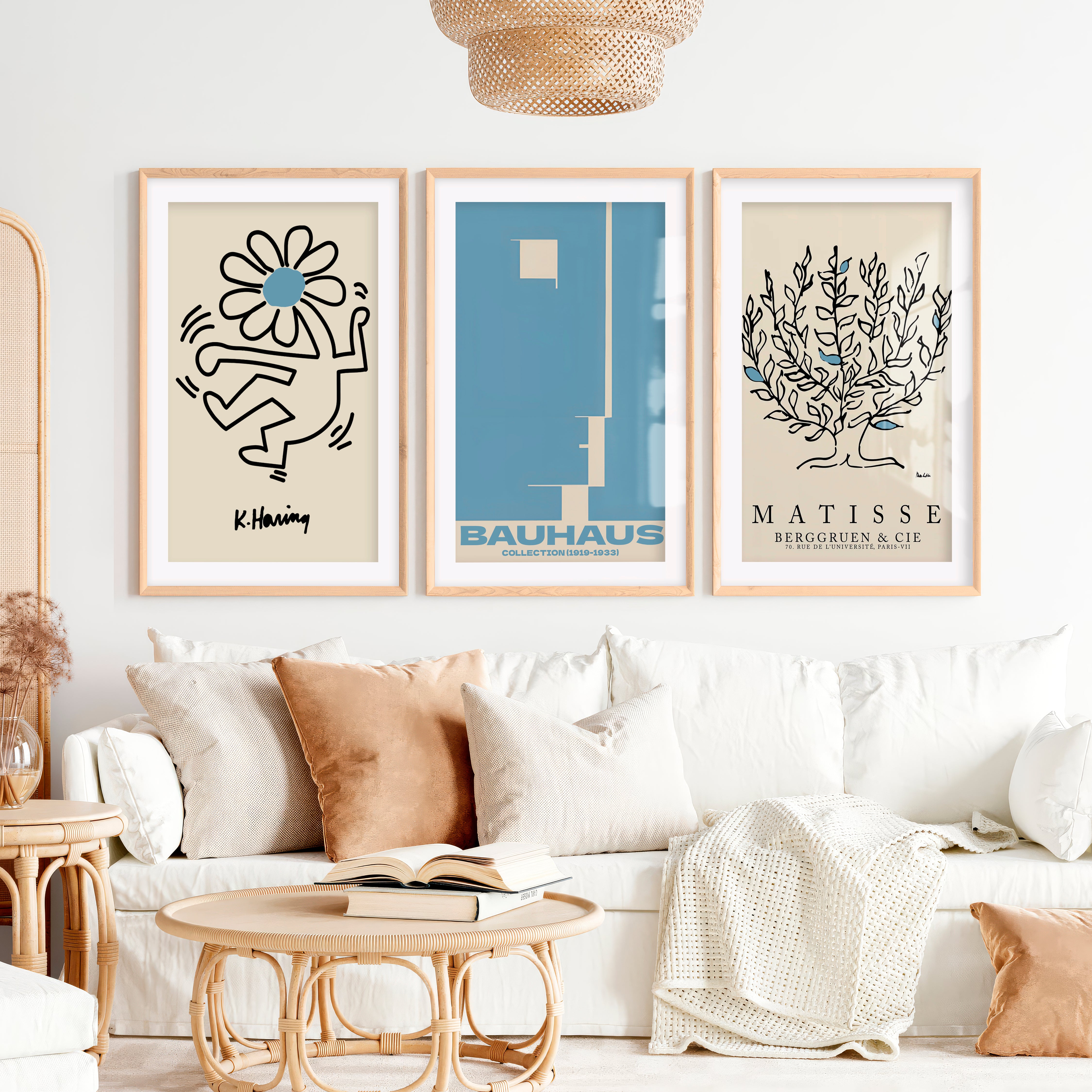 Set of 3 Bauhaus & Matisse Prints Dancing Flower Abstract- Natural Wood Framed Poster with White Border - Artworksets