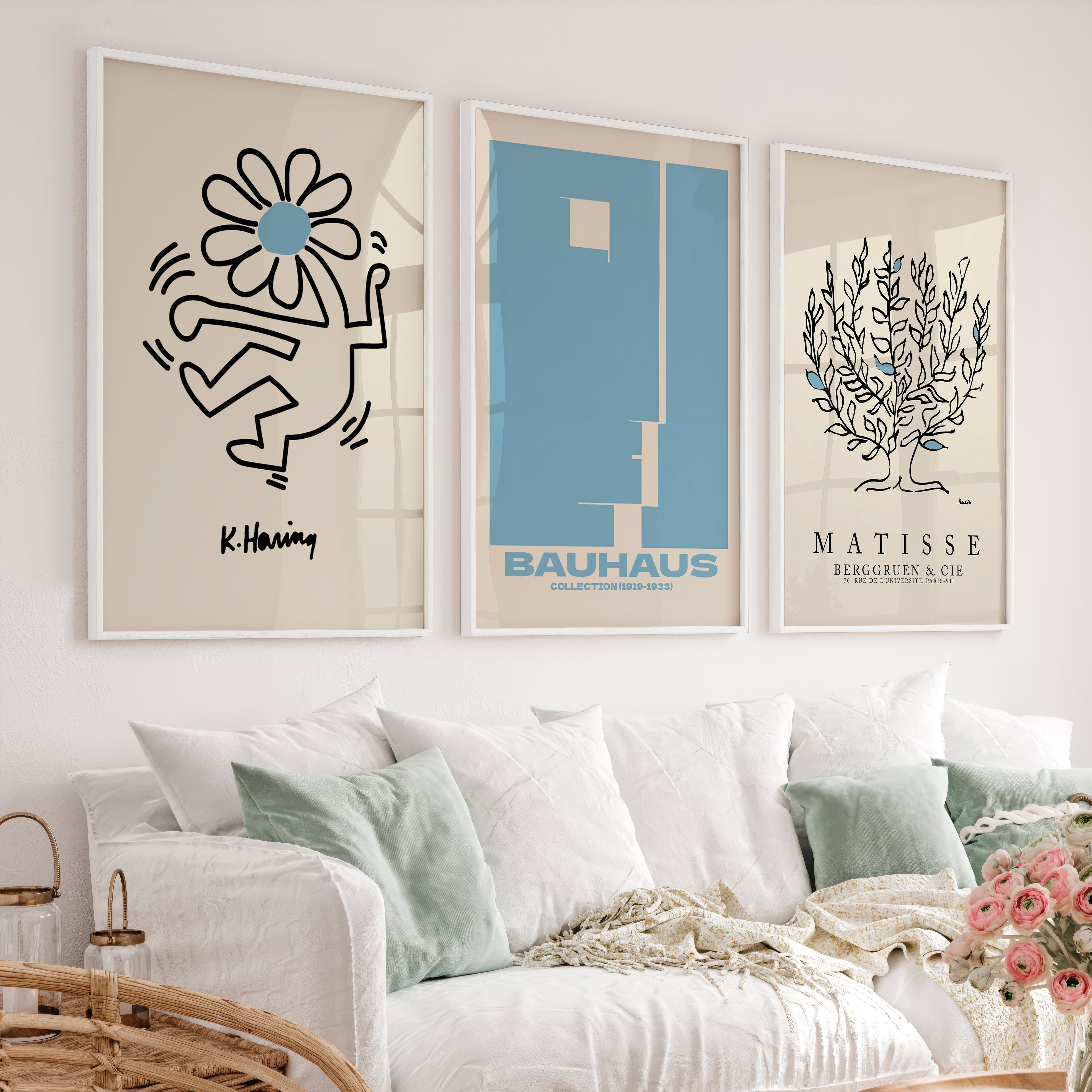 Set of 3 Bauhaus & Matisse Prints Dancing Flower Abstract - White Framed Poster No Border - Artworksets
