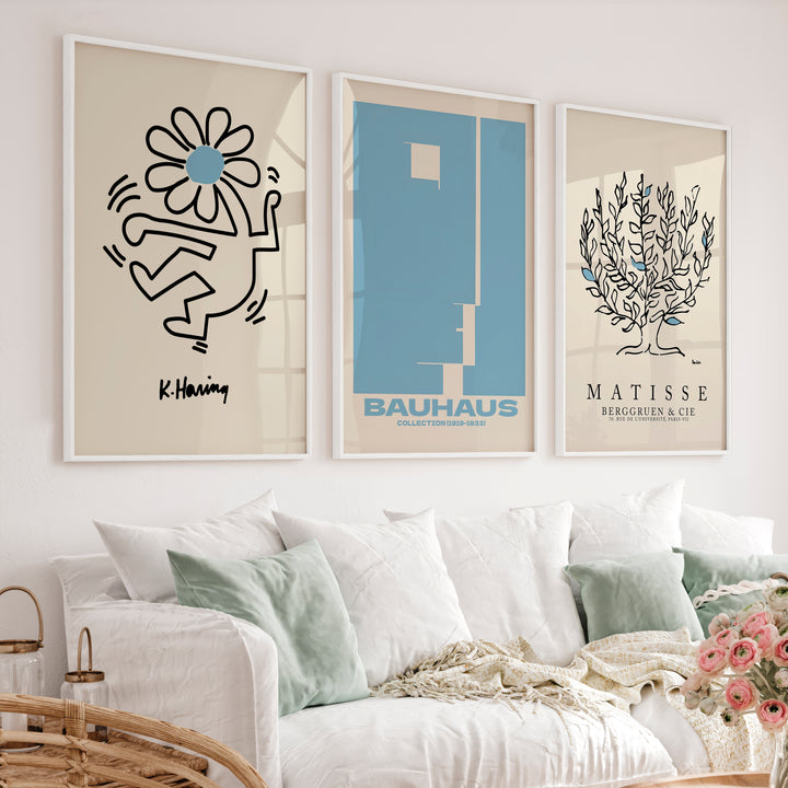 Set of 3 Bauhaus & Matisse Prints Dancing Flower Abstract - White Framed Poster No Border - Artworksets