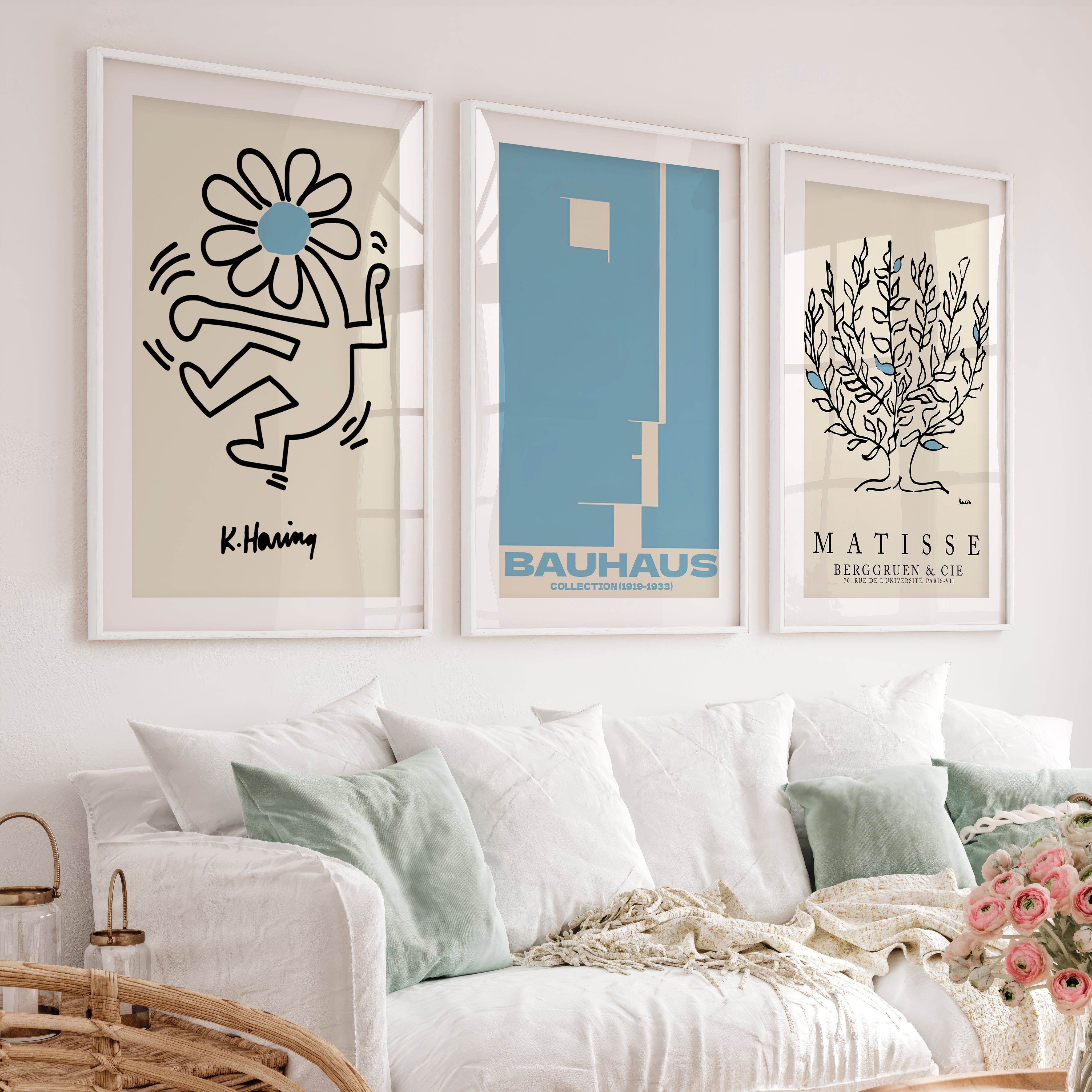 Set of 3 Bauhaus & Matisse Prints Dancing Flower Abstract - White Framed Poster with White Border - Artworksets