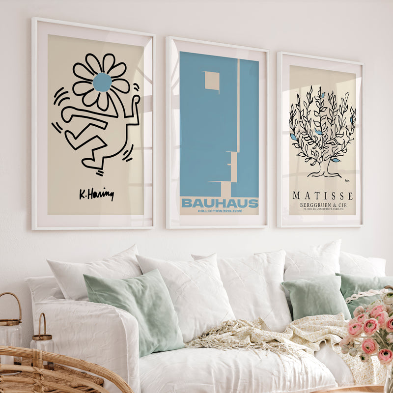 Set of 3 Bauhaus & Matisse Prints Dancing Flower Abstract - White Framed Poster with White Border - Artworksets