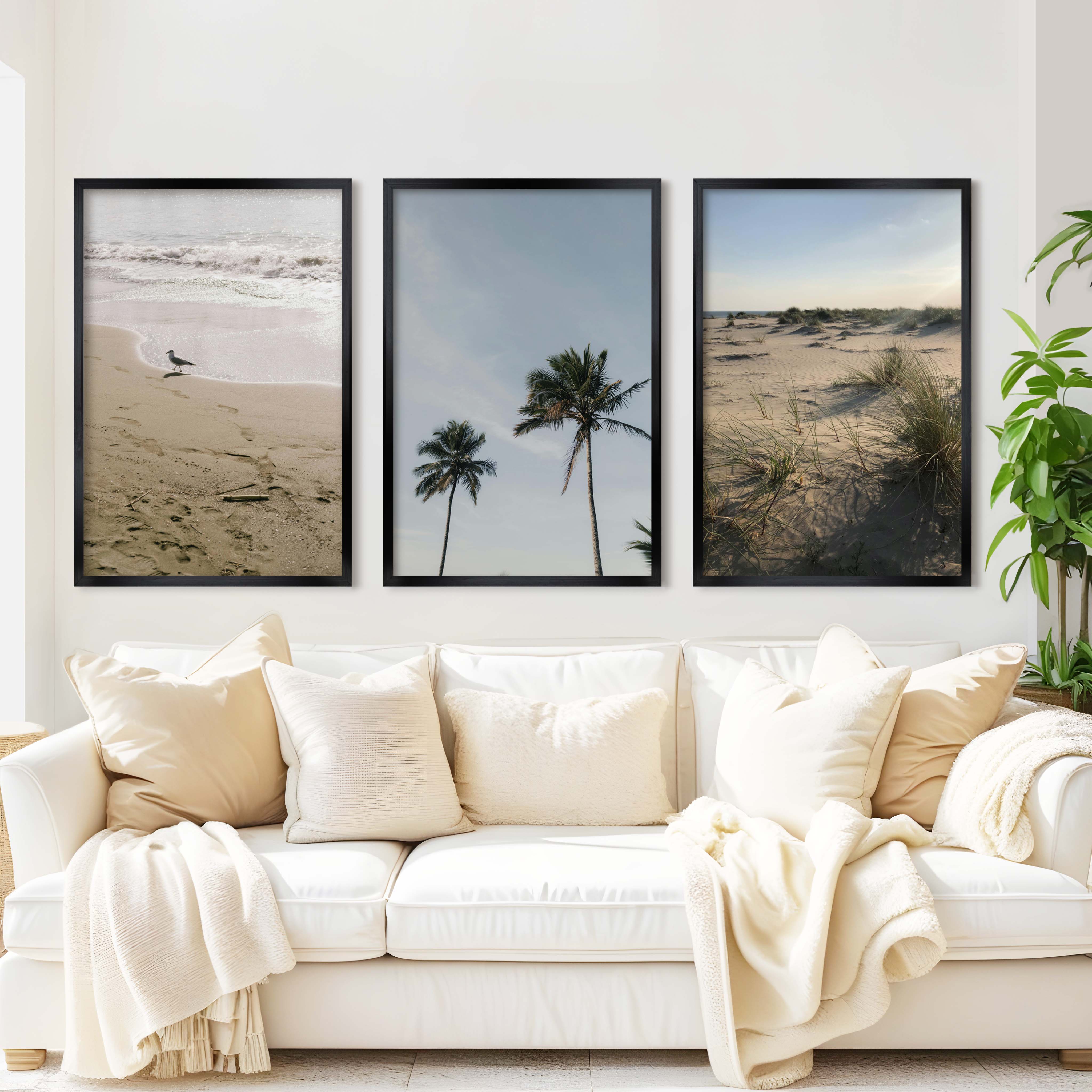 Set of 3 Framed Pictures – Minimal Beach Life Series - Black Framed Poster No Border - Artworksets