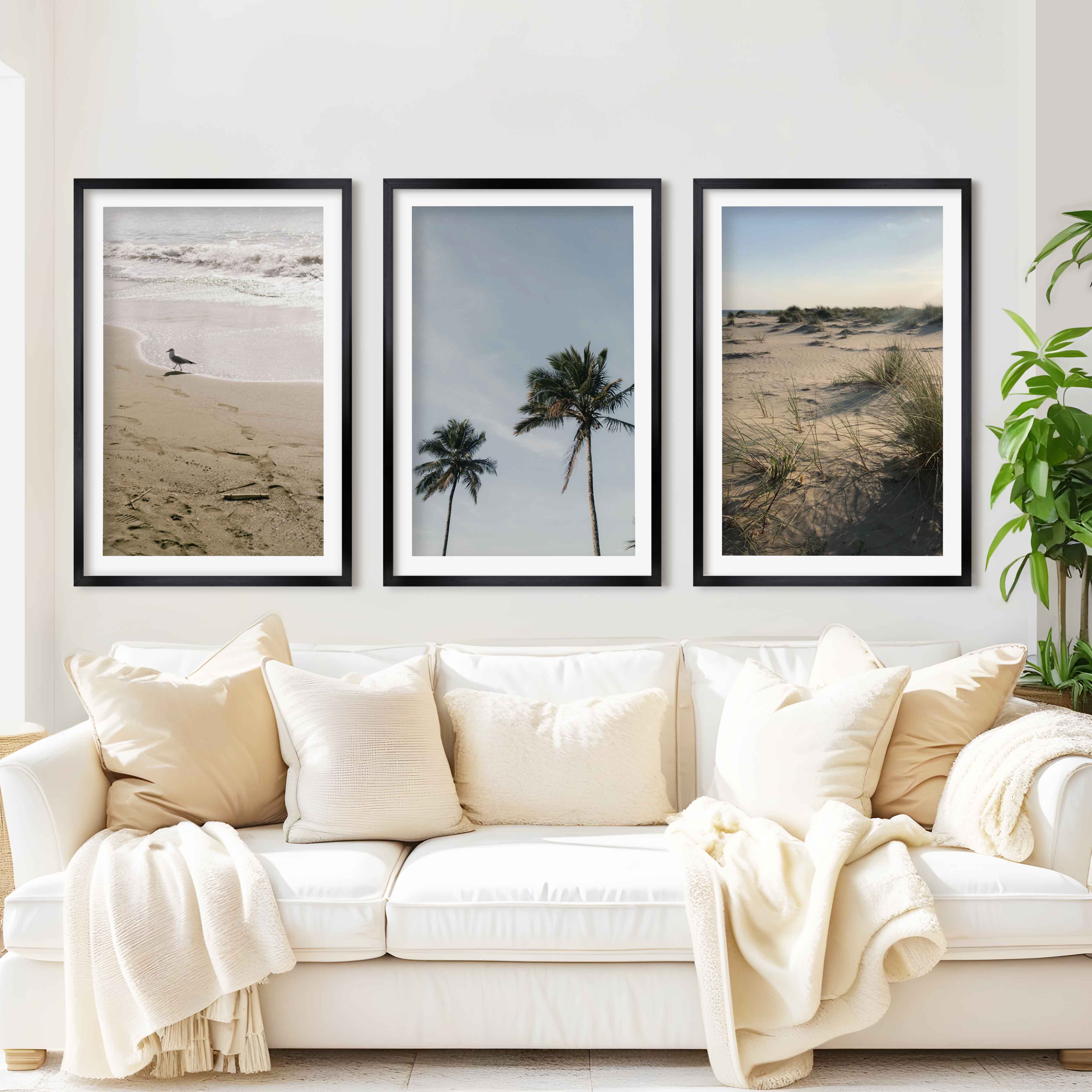 Set of 3 Framed Pictures – Minimal Beach Life Series - Black Framed Poster with White Border - Artworksets