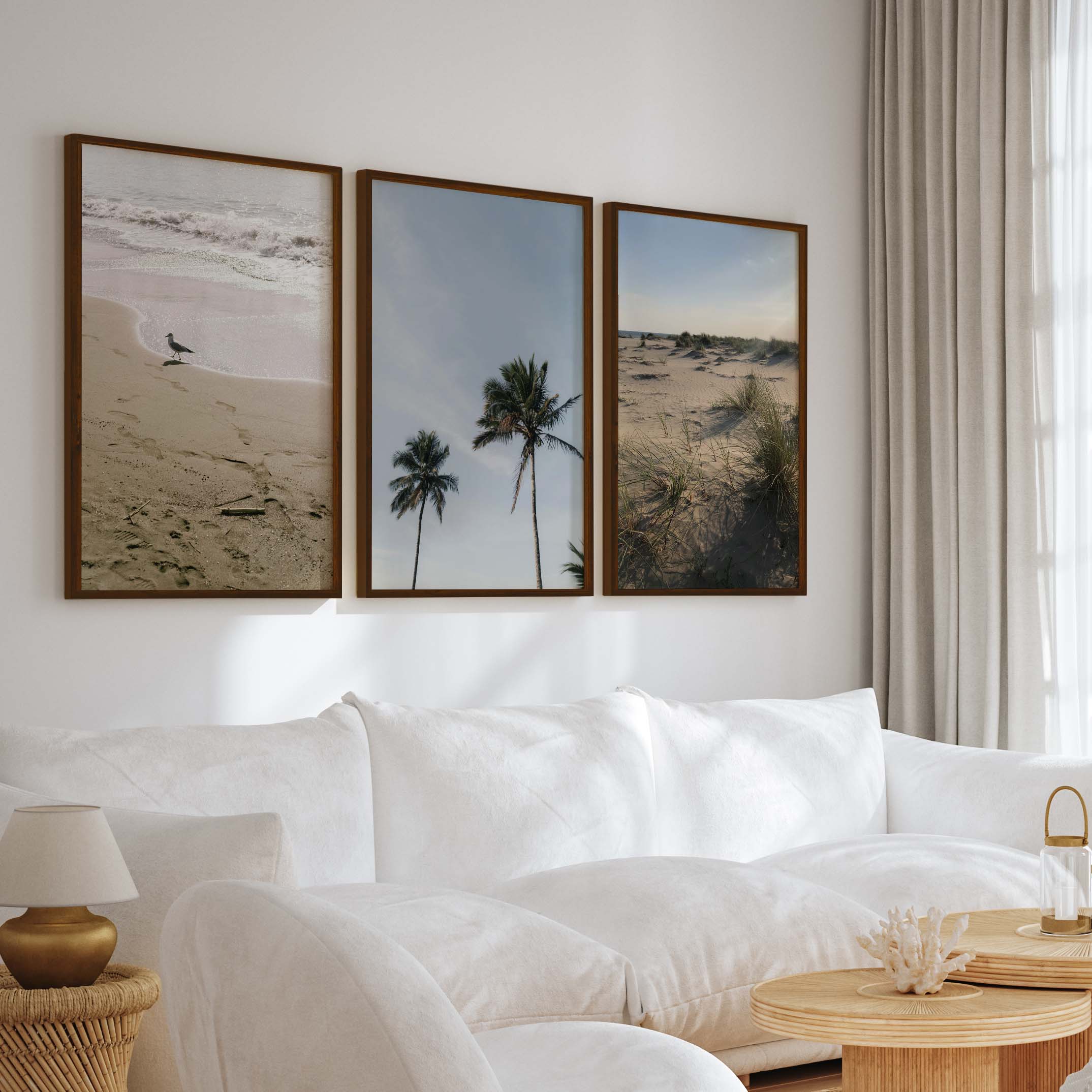Set of 3 Framed Pictures – Minimal Beach Life Series - Dark Brown Framed Poster No Border - Artworksets
