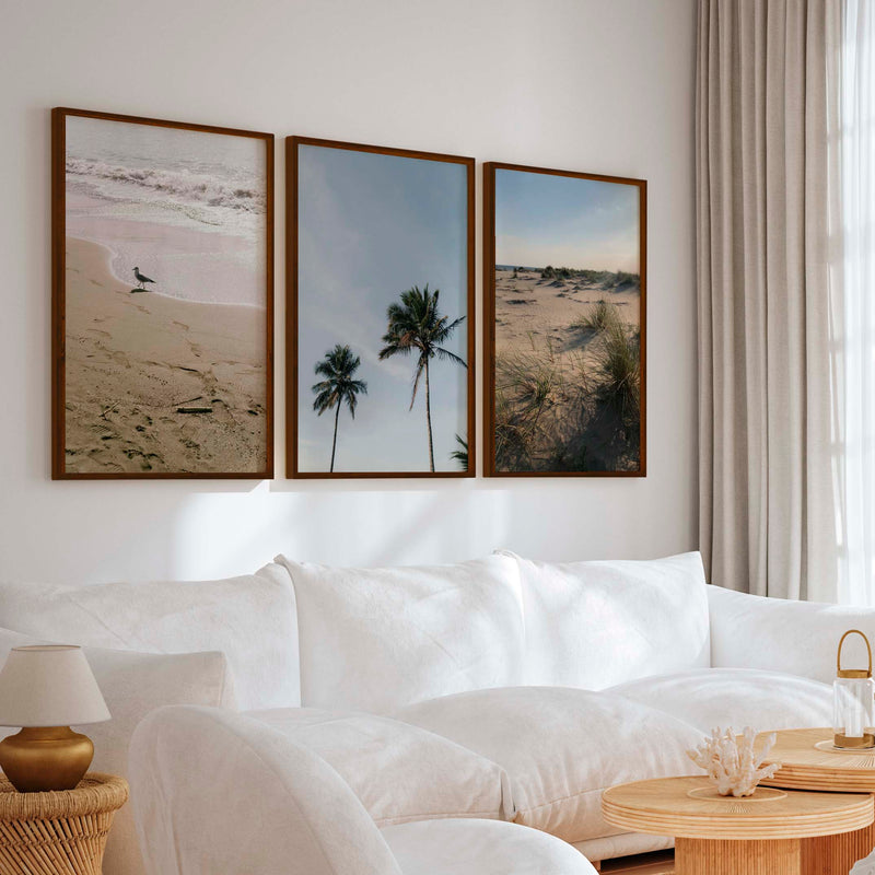 Set of 3 Framed Pictures – Minimal Beach Life Series - Dark Brown Framed Poster No Border - Artworksets