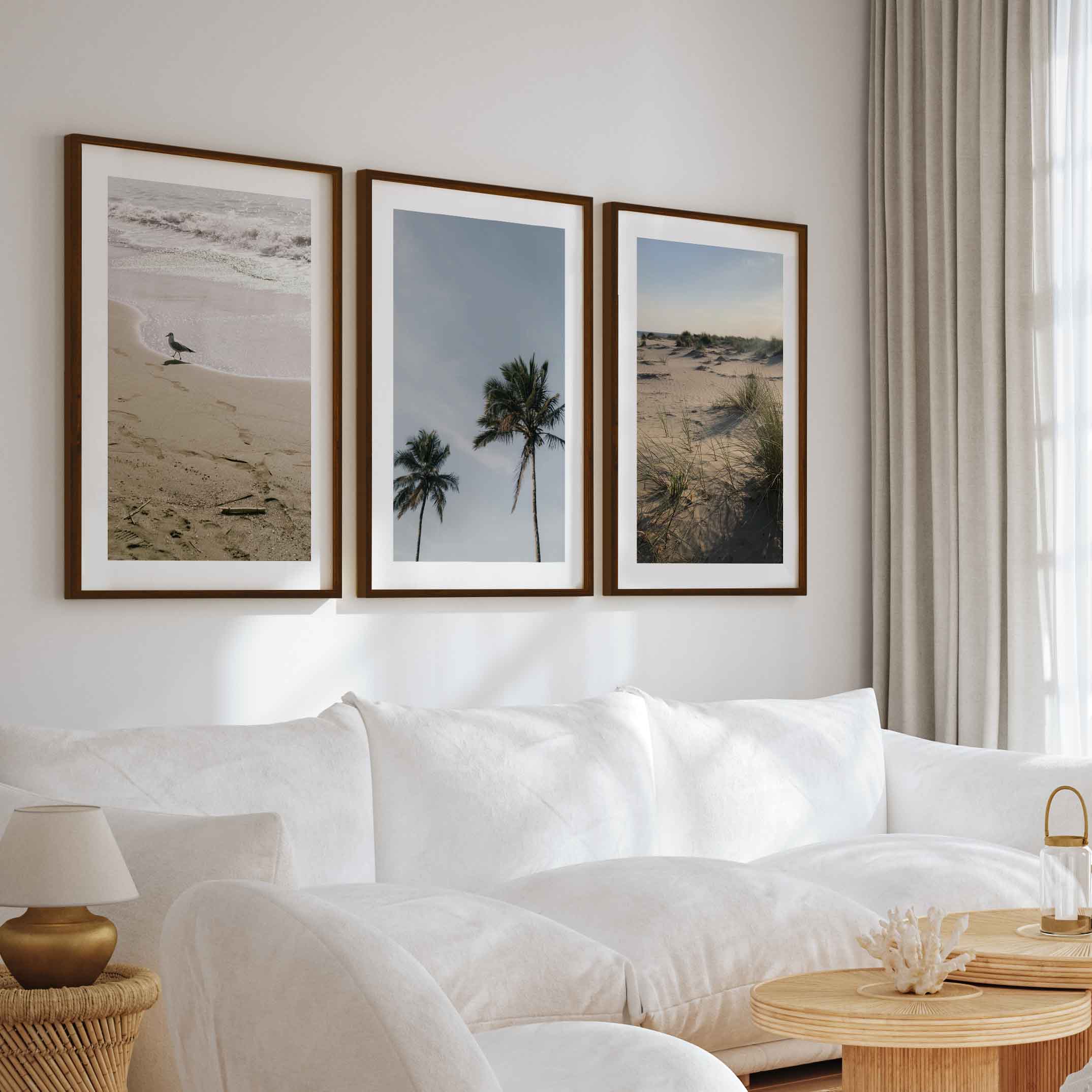 Set of 3 Framed Pictures – Minimal Beach Life Series - Dark Brown Framed Poster with White Border - Artworksets
