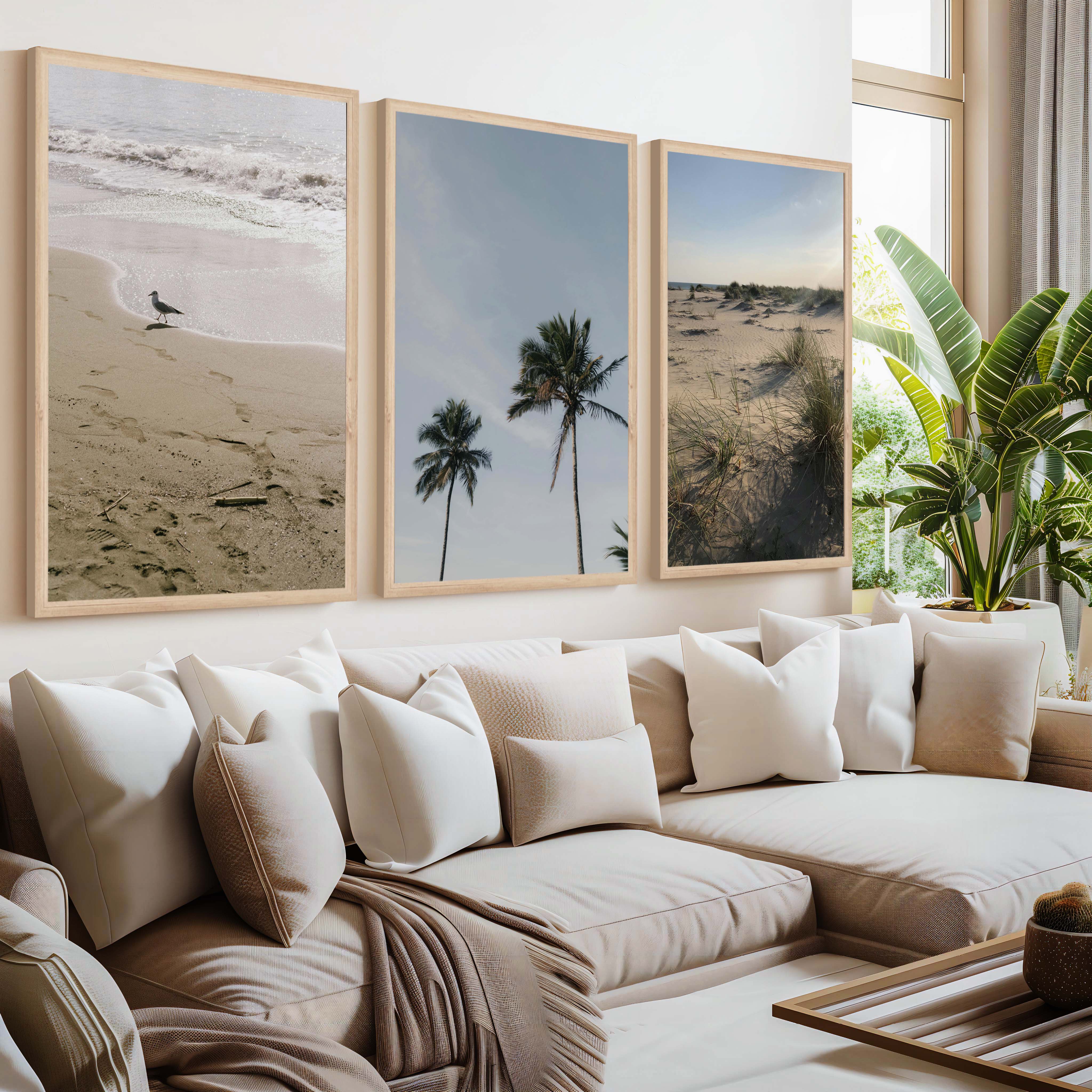 Set of 3 Framed Pictures – Minimal Beach Life Series - Natural Wood Framed Poster No Border - Artworksets