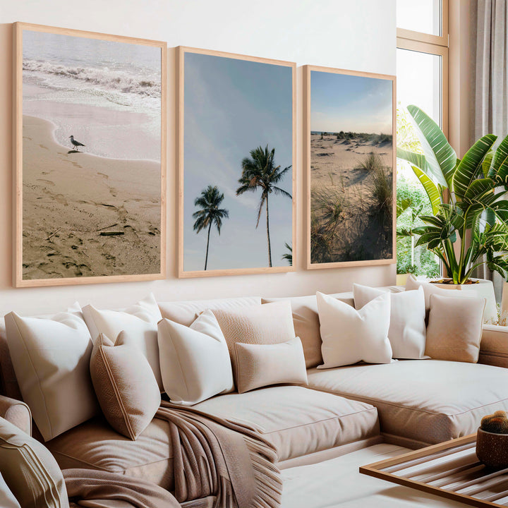 Set of 3 Framed Pictures – Minimal Beach Life Series - Natural Wood Framed Poster No Border - Artworksets