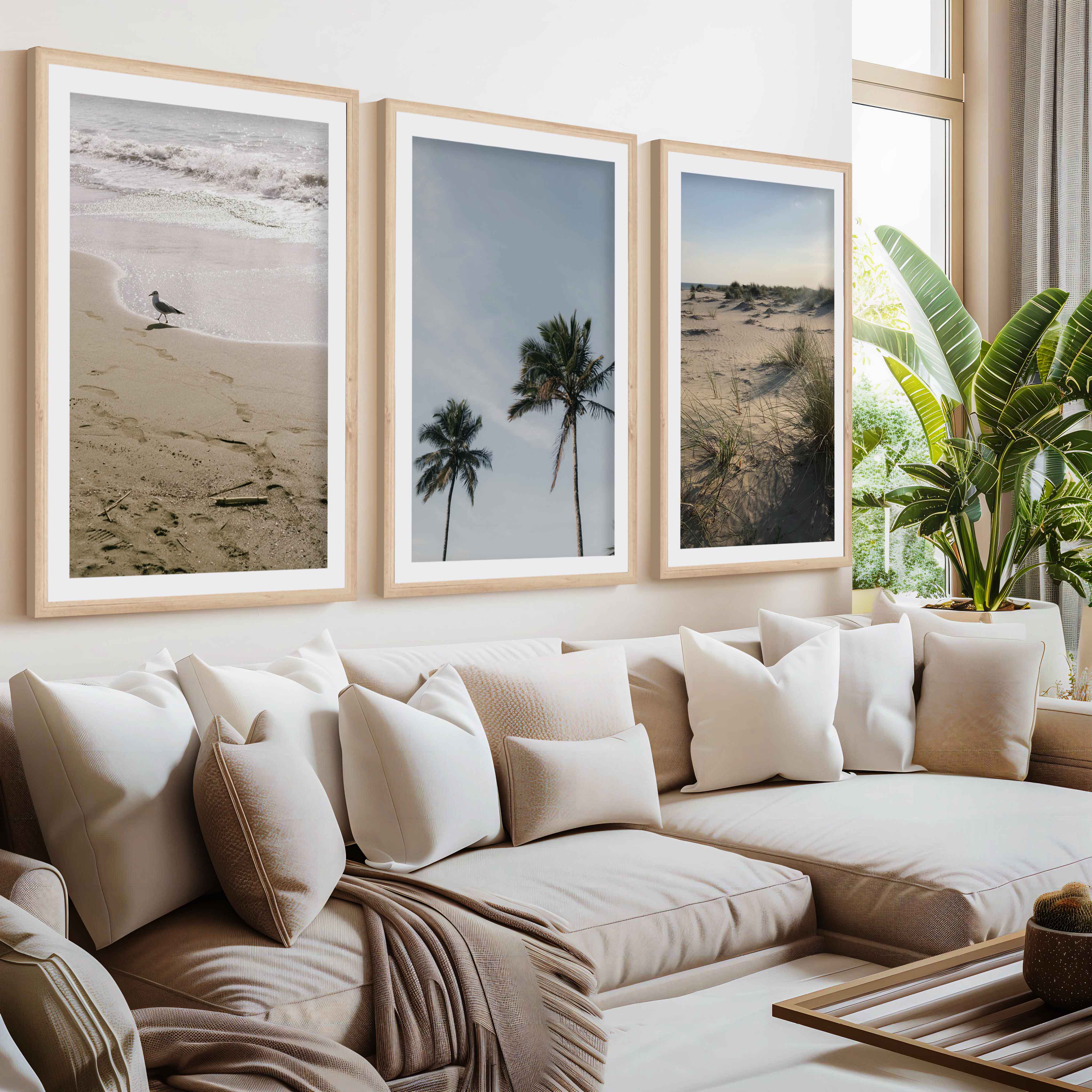 Set of 3 Framed Pictures – Minimal Beach Life Series- Natural Wood Framed Poster with White Border - Artworksets